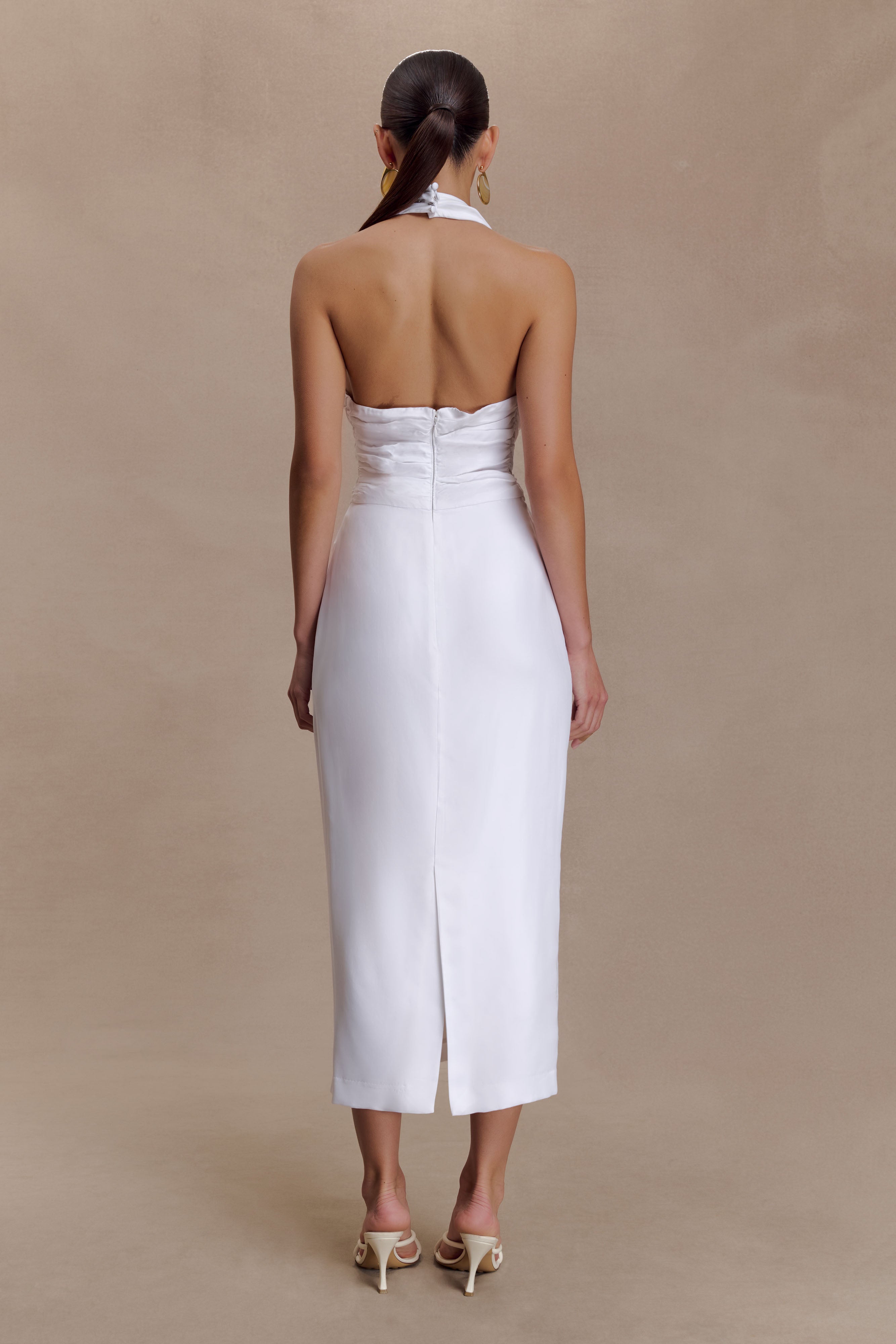 Daniela Ruched Halter Midi Dress - White - Image 4