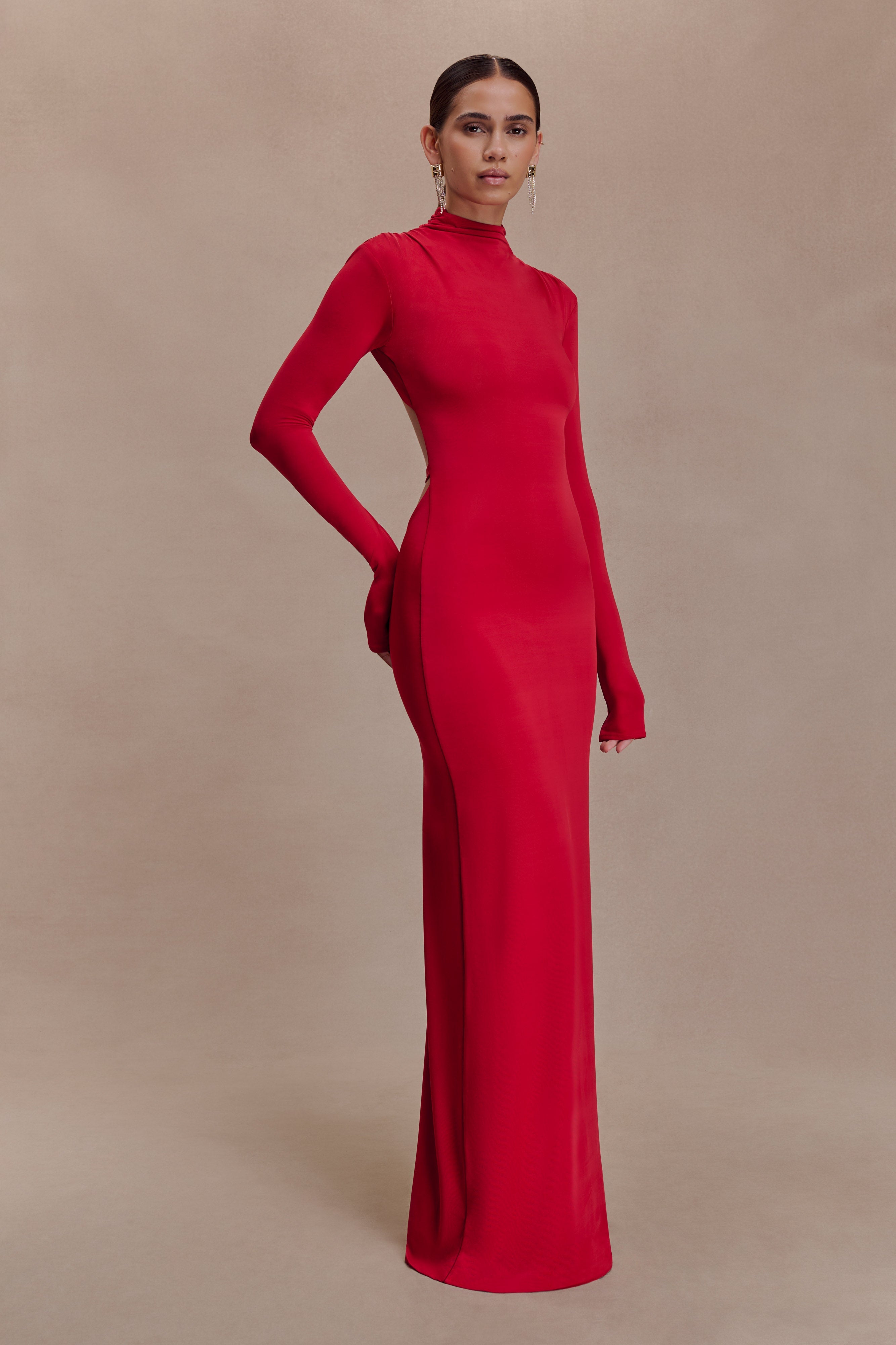 Kiyah Slinky Cut Out Maxi Dress - Red - Image 5