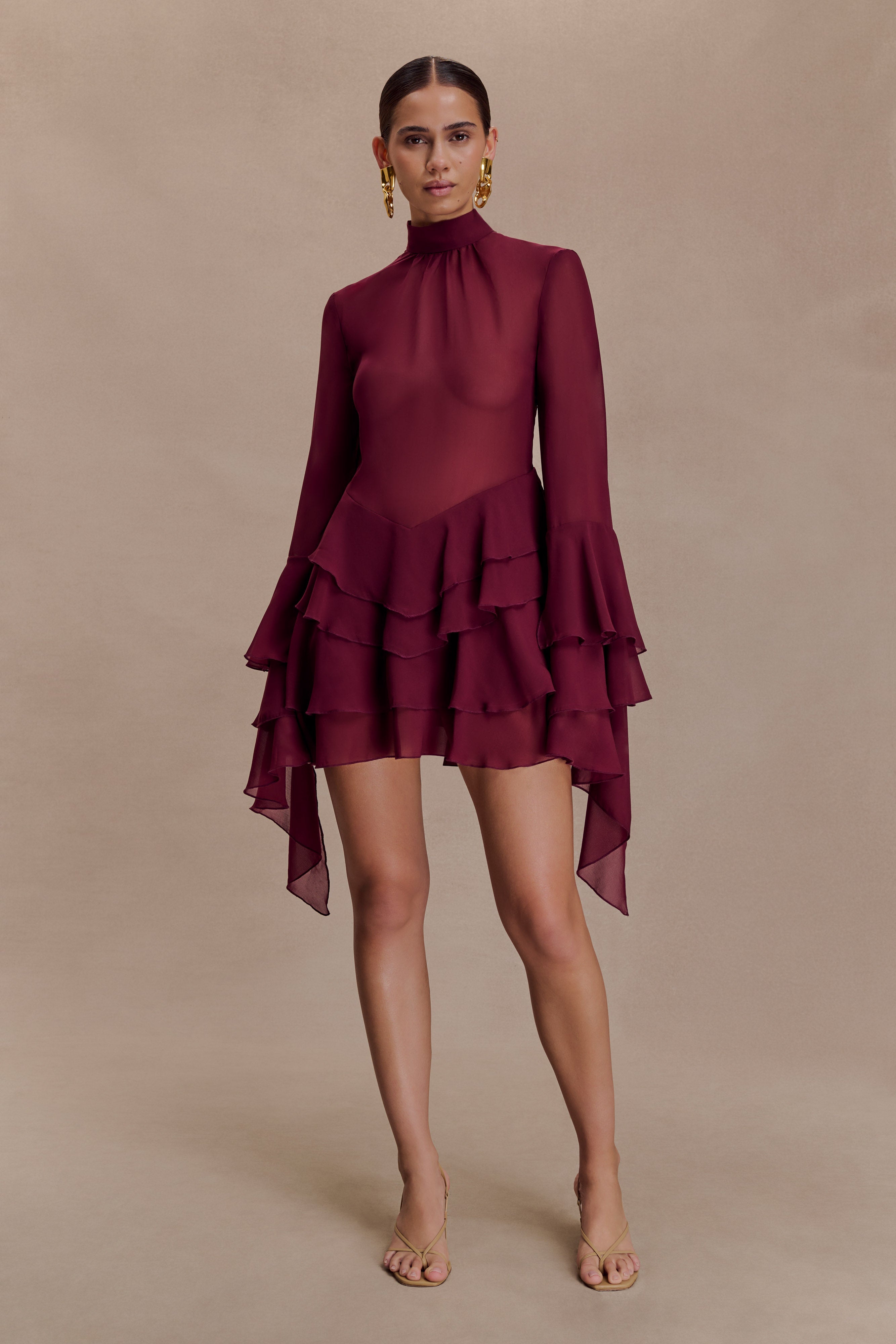 Nimah Chiffon Ruffle Mini Dress - Wine - Image 8
