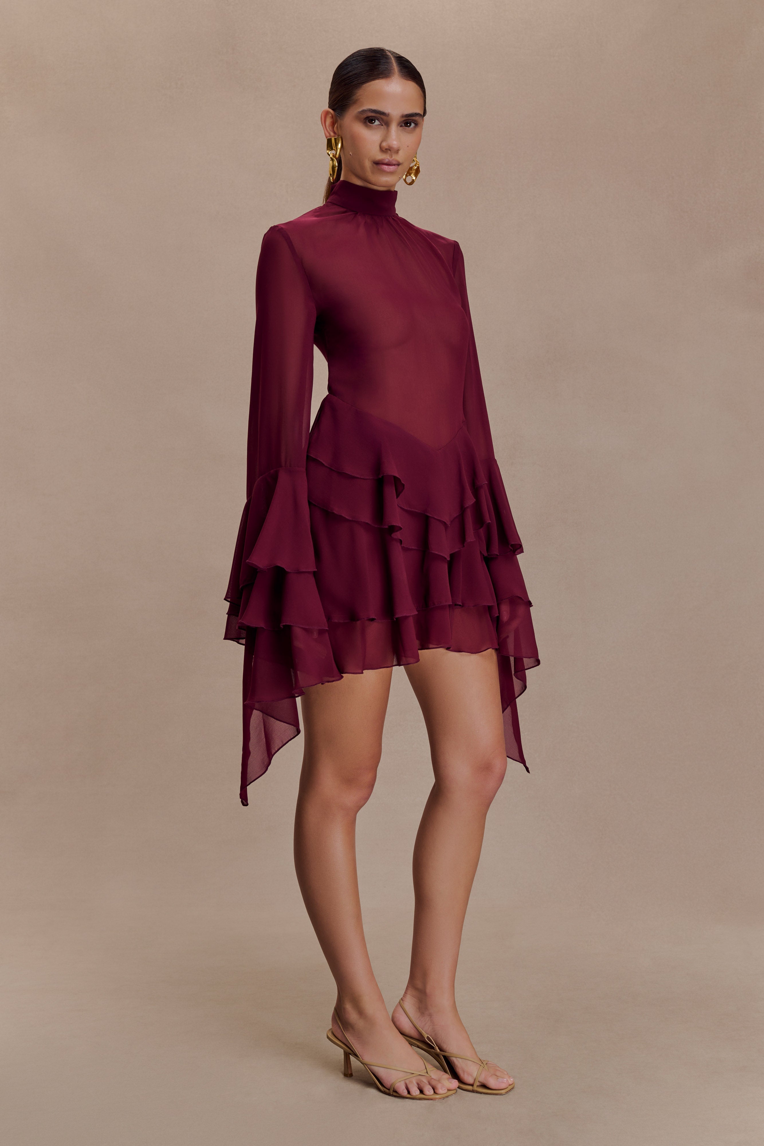 Nimah Chiffon Ruffle Mini Dress - Wine - Image 3