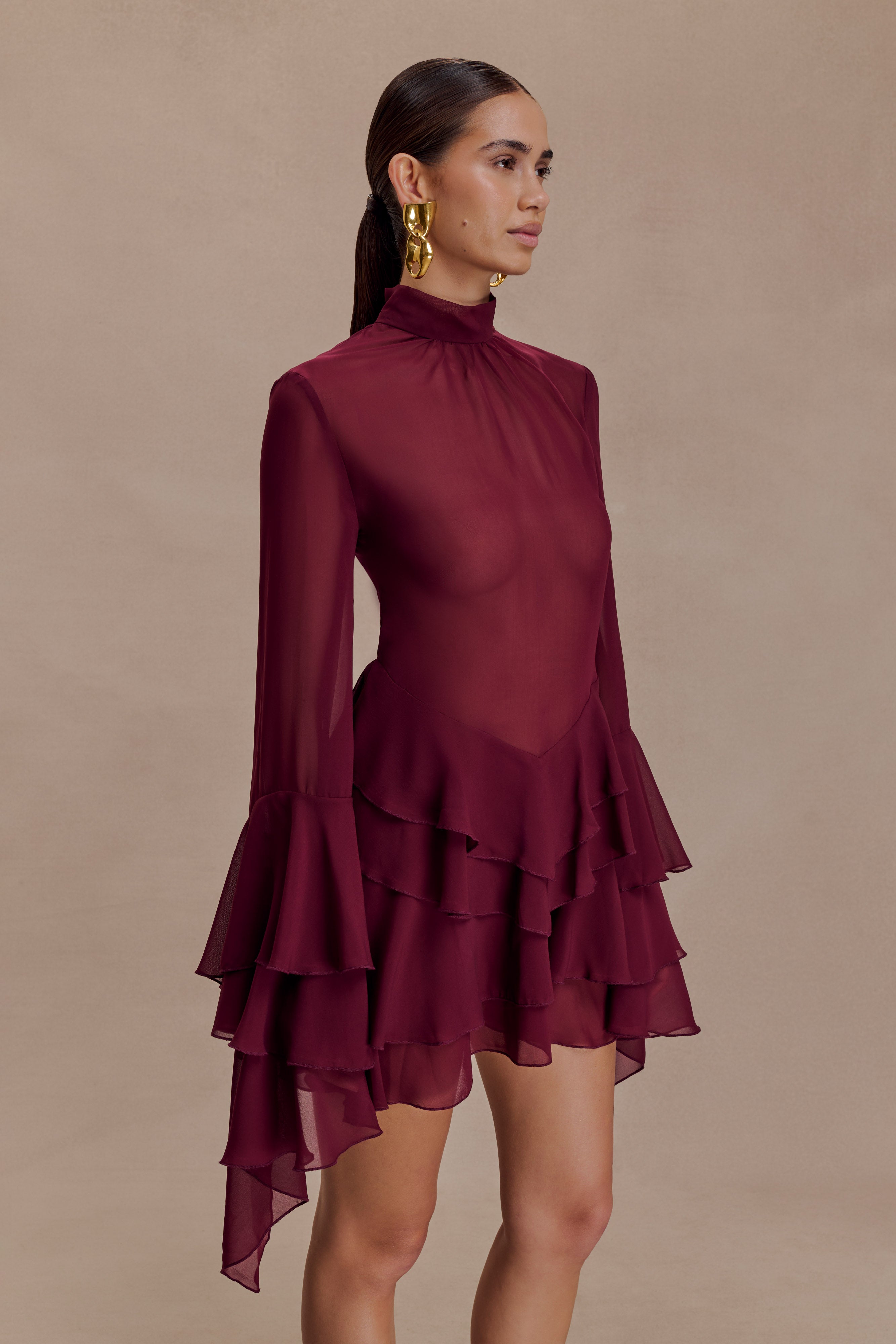 Nimah Chiffon Ruffle Mini Dress - Wine - Image 7