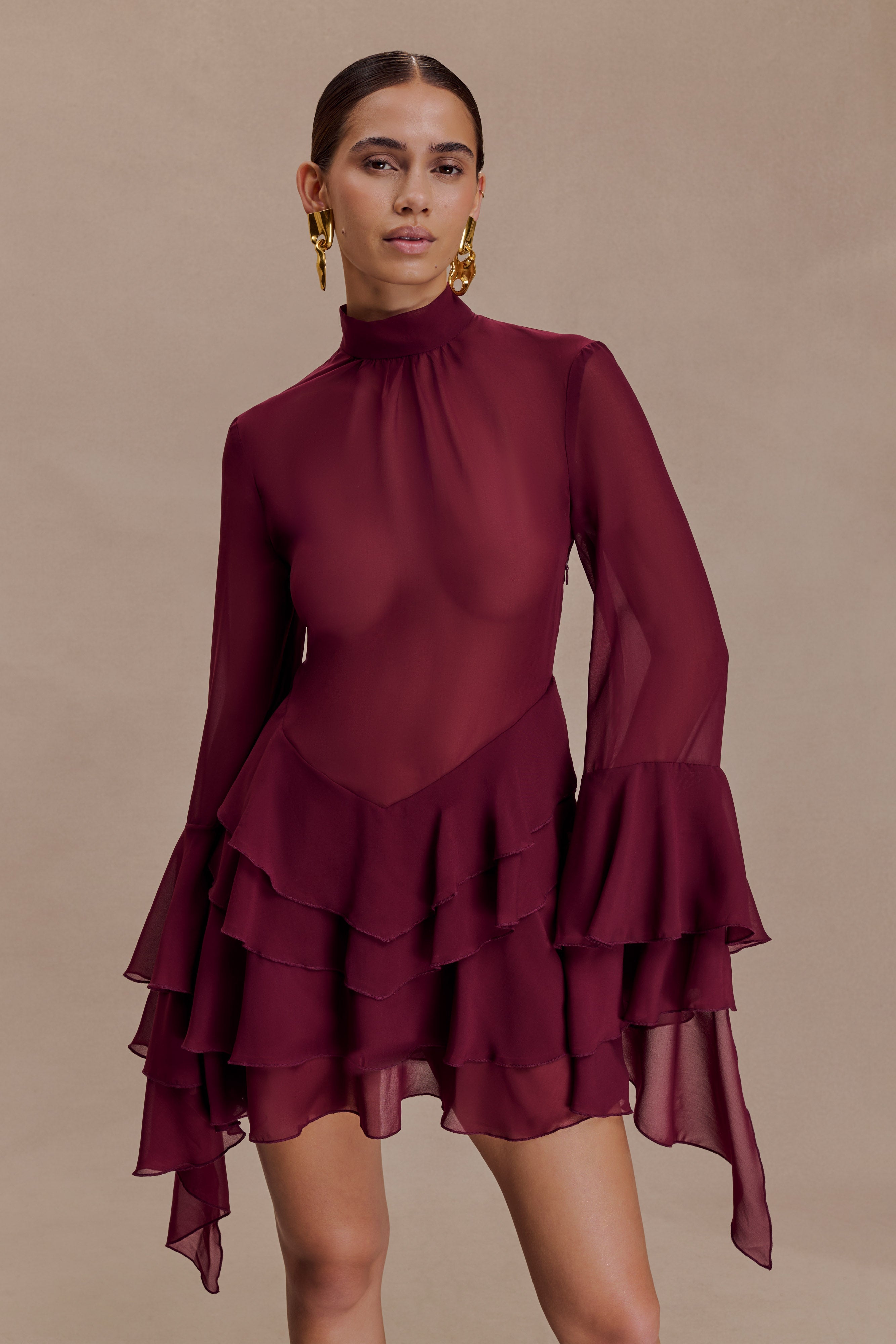 Nimah Chiffon Ruffle Mini Dress - Wine - Image 5