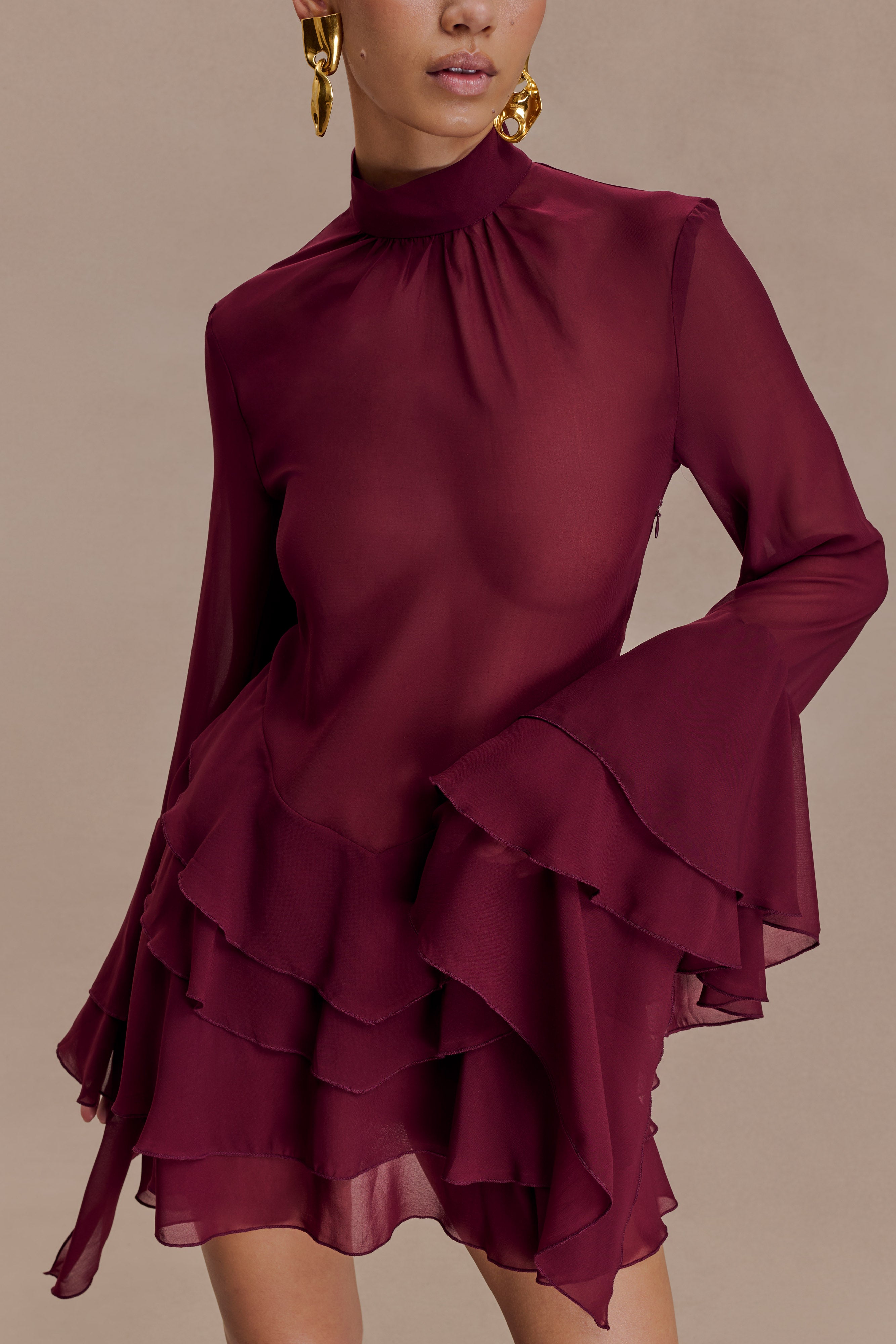 Nimah Chiffon Ruffle Mini Dress - Wine - Image 4