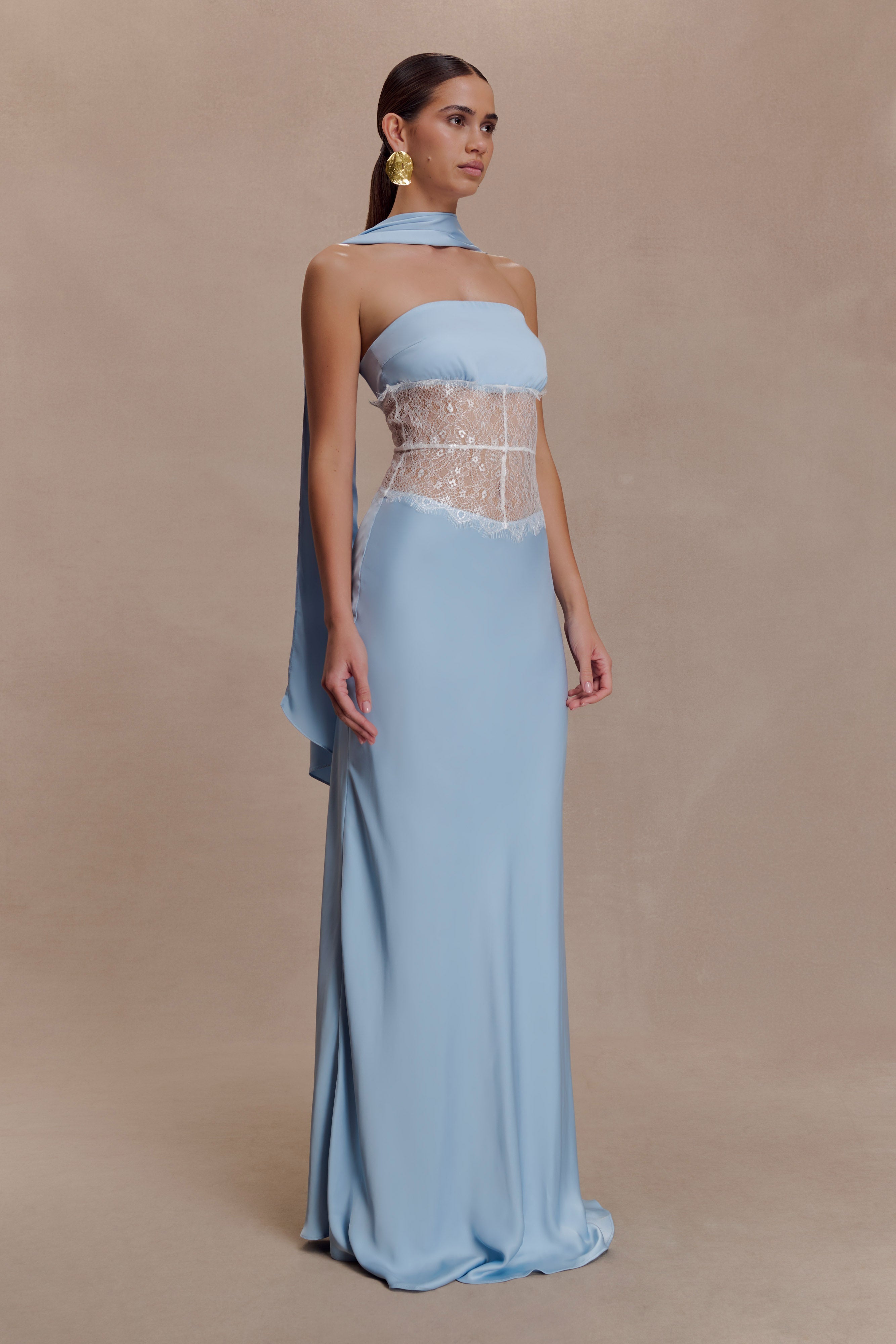 Pilar Strapless Satin And Lace Maxi Dress - Cornflower Blue - Image 3