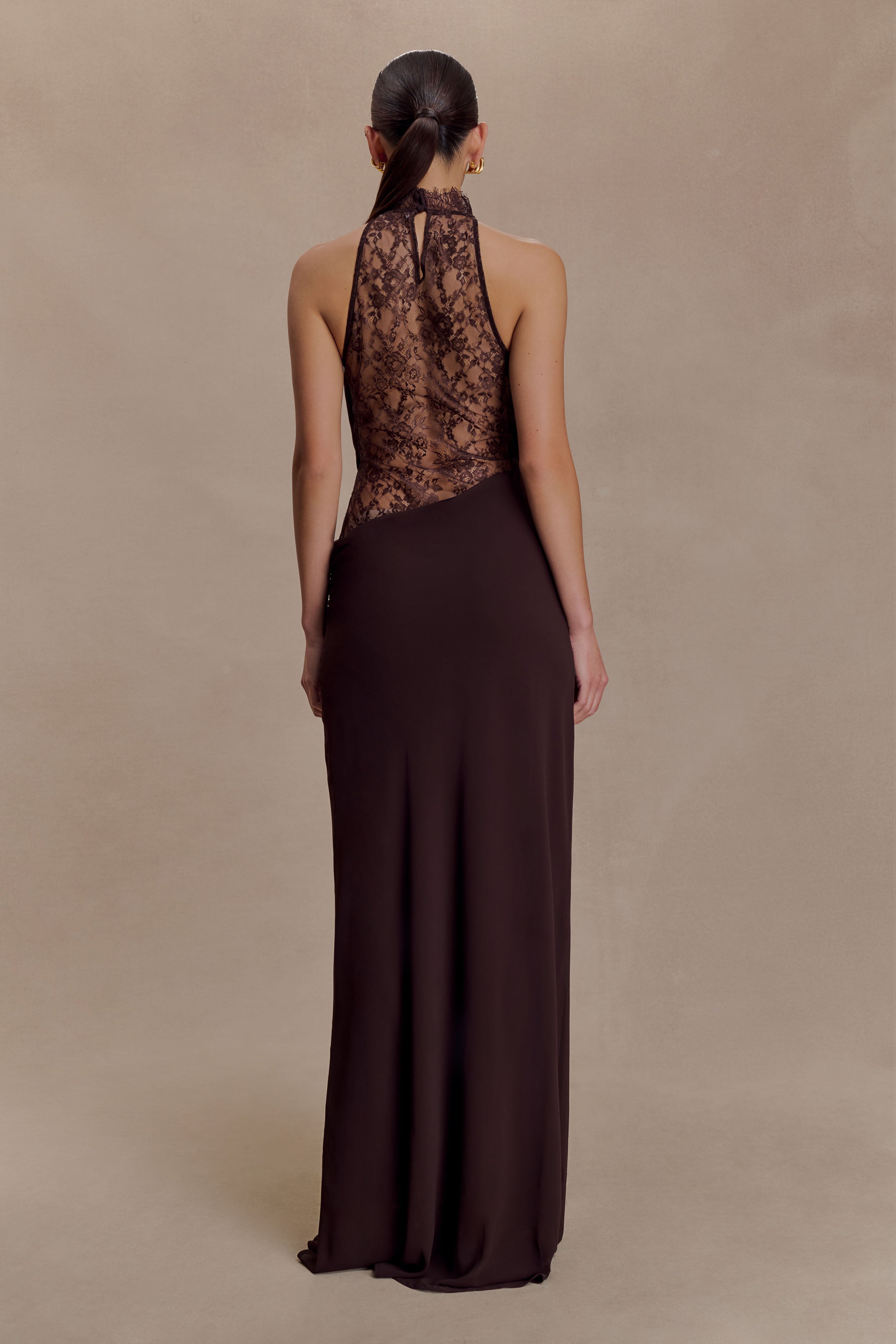 Alternative view of Arra Chiffon And Lace Halter Maxi Dress - Cacao Brown