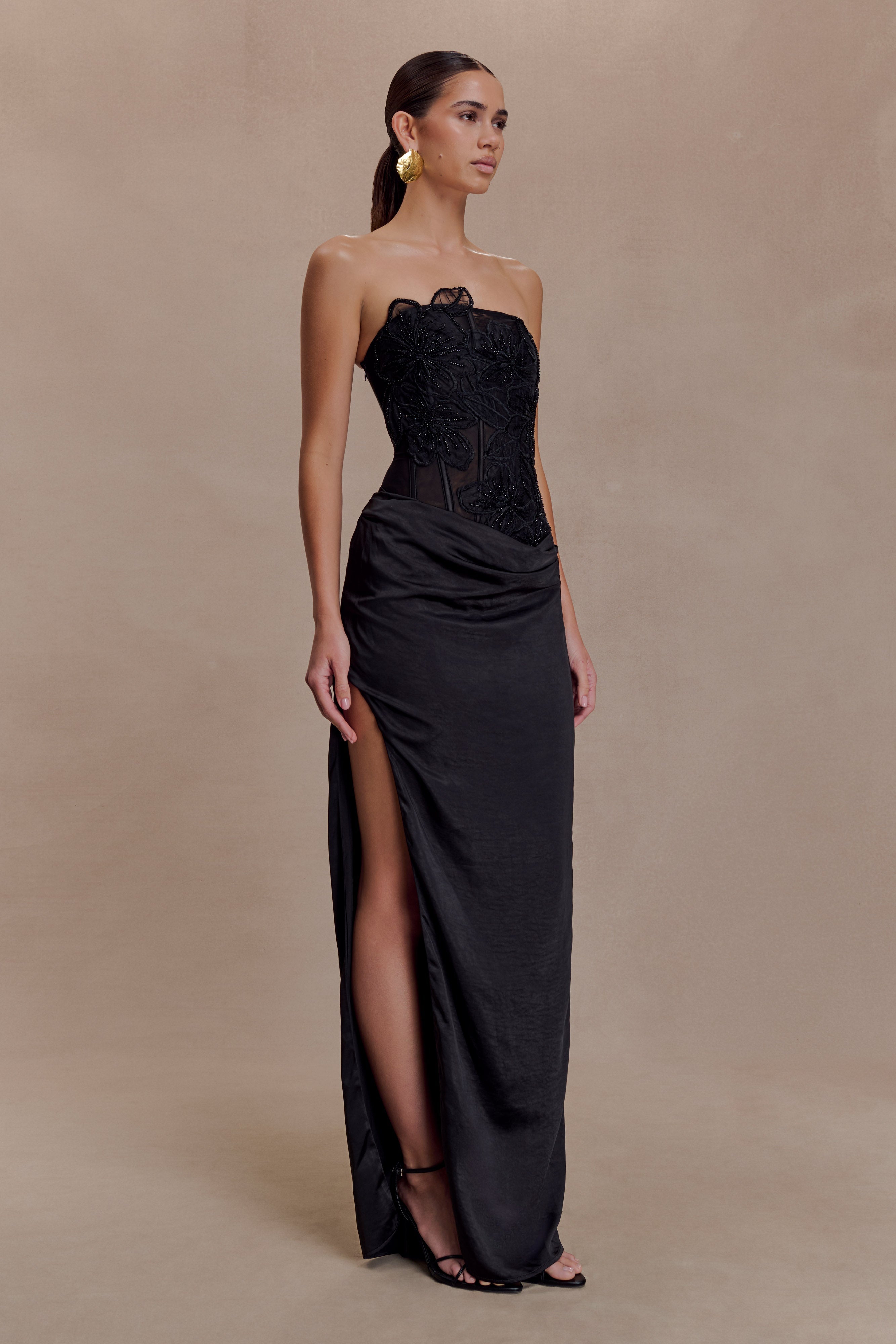 Asha Floral Mesh And Satin Maxi Dress - Black - Image 3