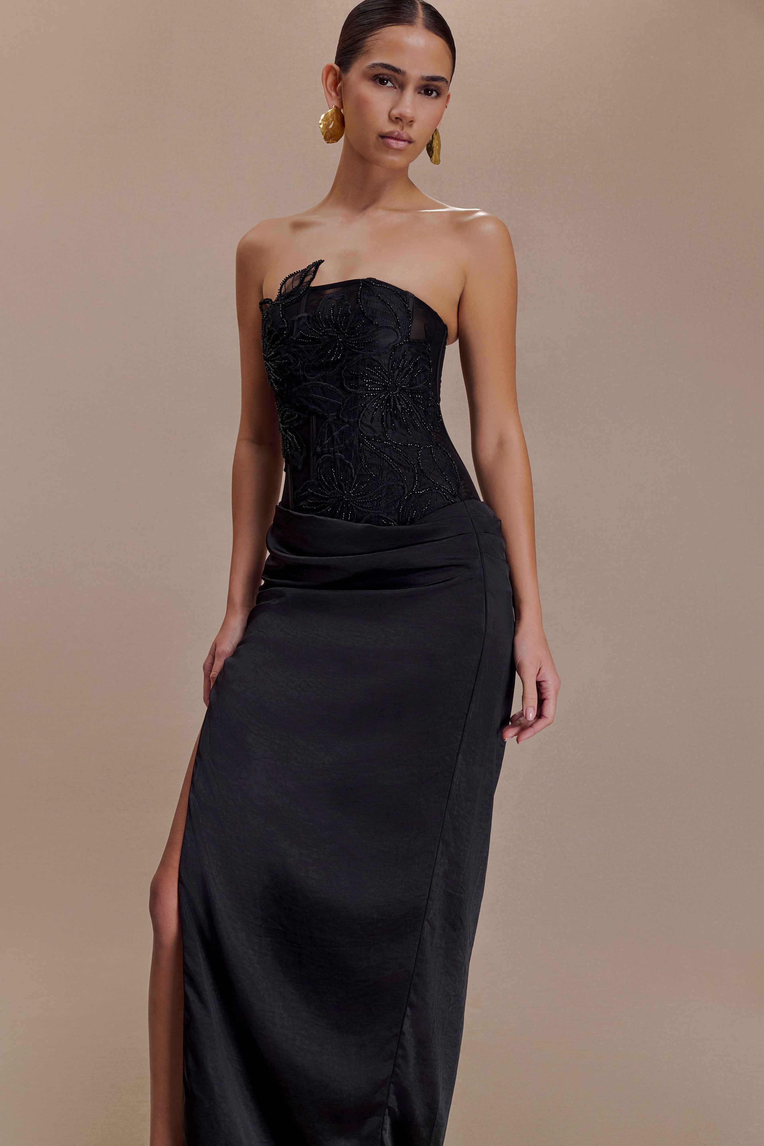 Asha Floral Mesh And Satin Maxi Dress - Black - Image 5