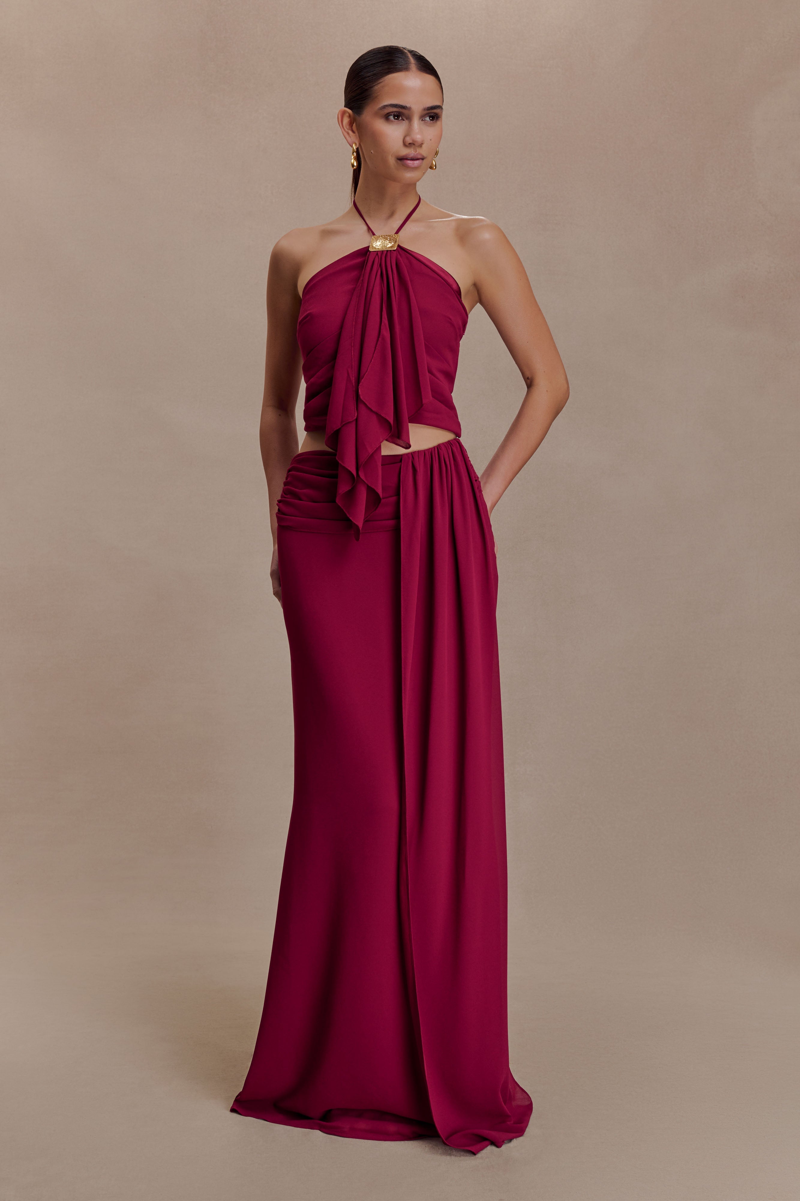 Celina Chiffon Overlay Maxi Skirt - Cherry Red - Image 4