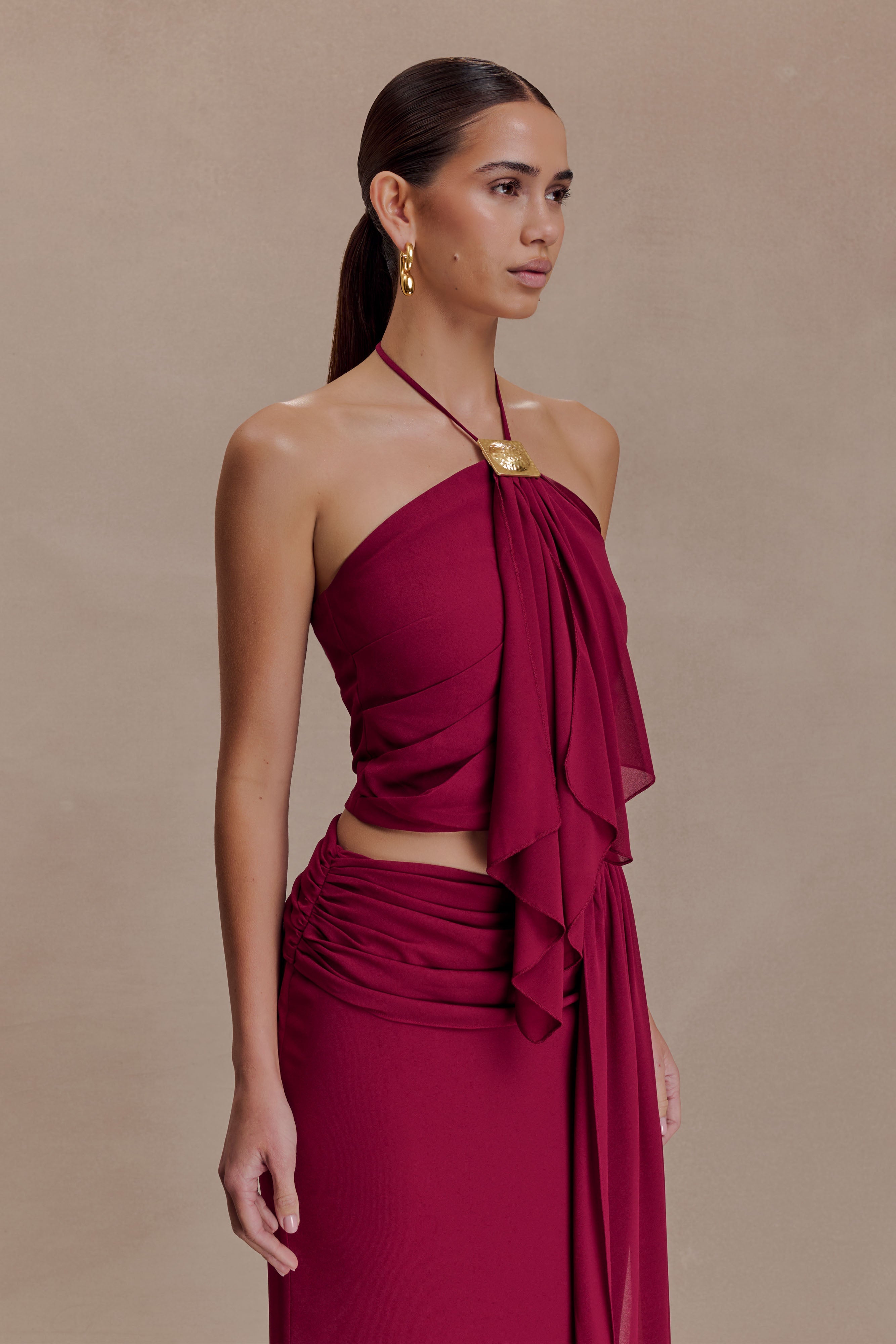 Celina Chiffon Halter Top With Hardware - Cherry Red - Image 2