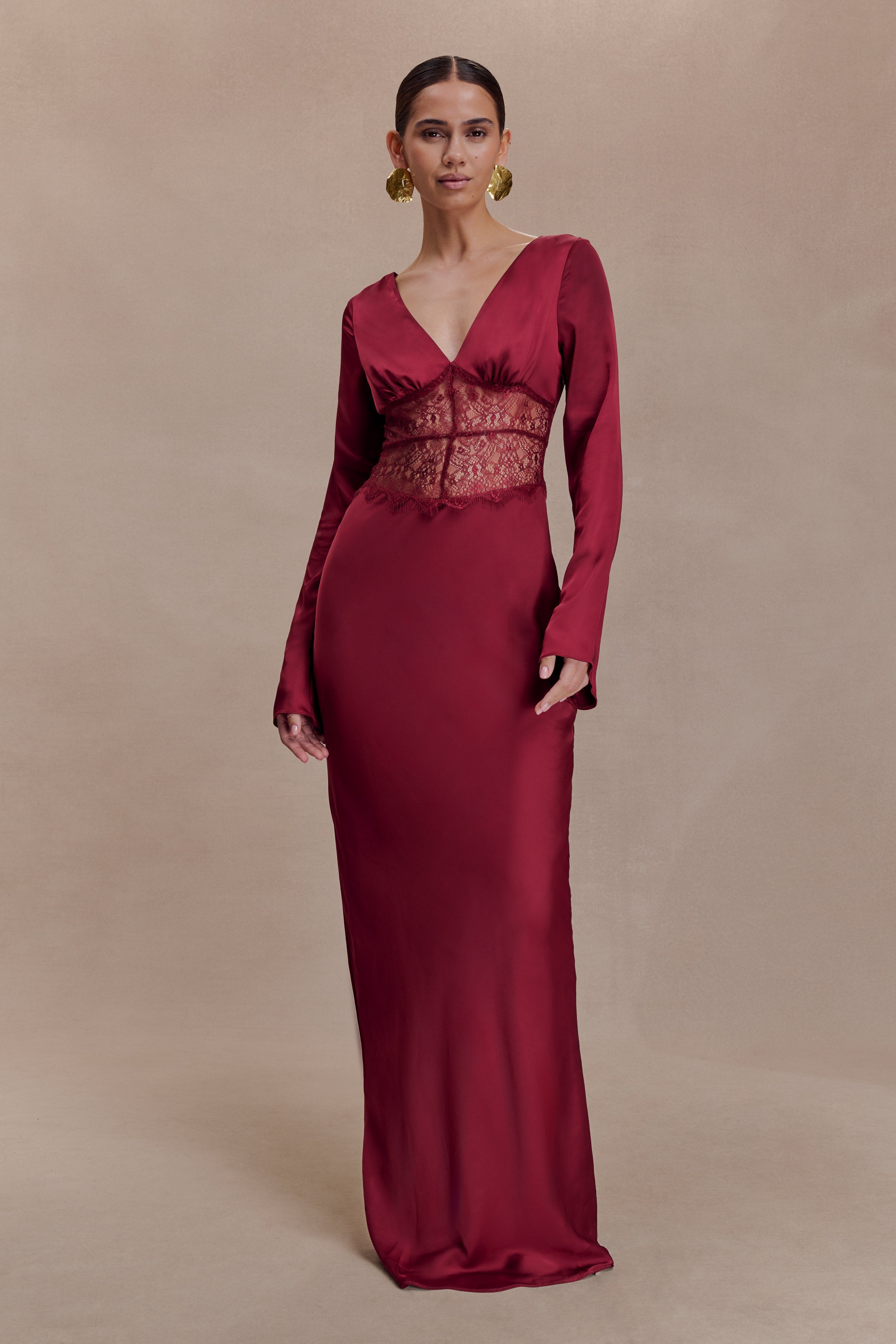 Kaya Long Sleeve Satin And Mesh Maxi Dress - Wine - Image 4