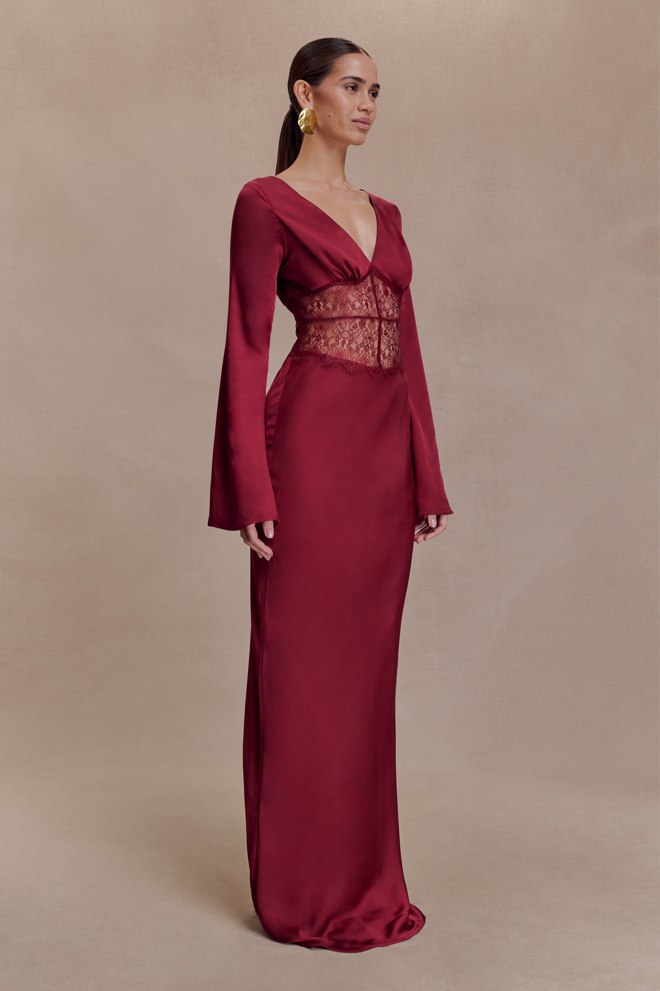 Kaya Long Sleeve Satin And Mesh Maxi Dress - Wine - Image 3