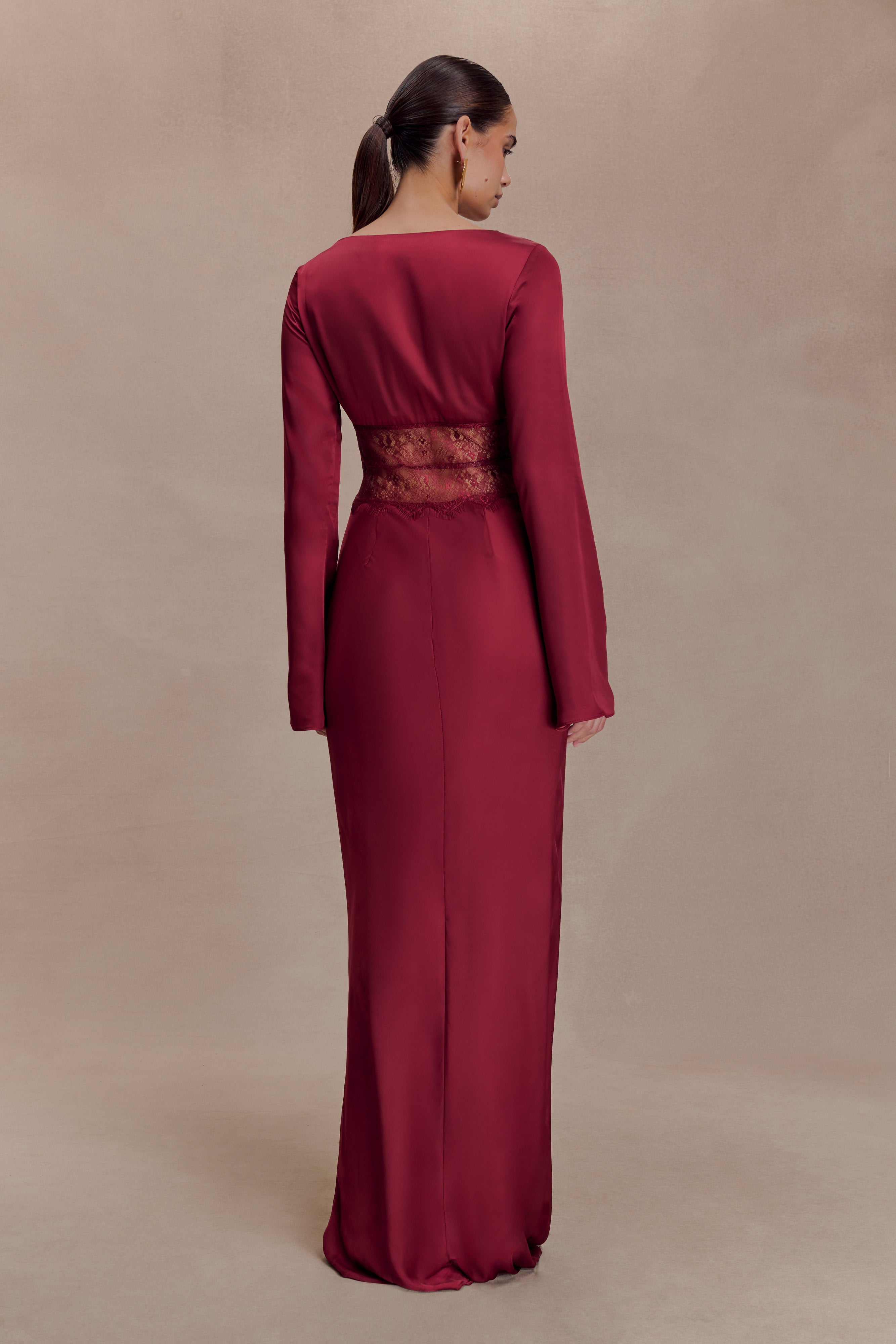 Alternative view of Kaya Long Sleeve Satin And Mesh Maxi Dress - Wine