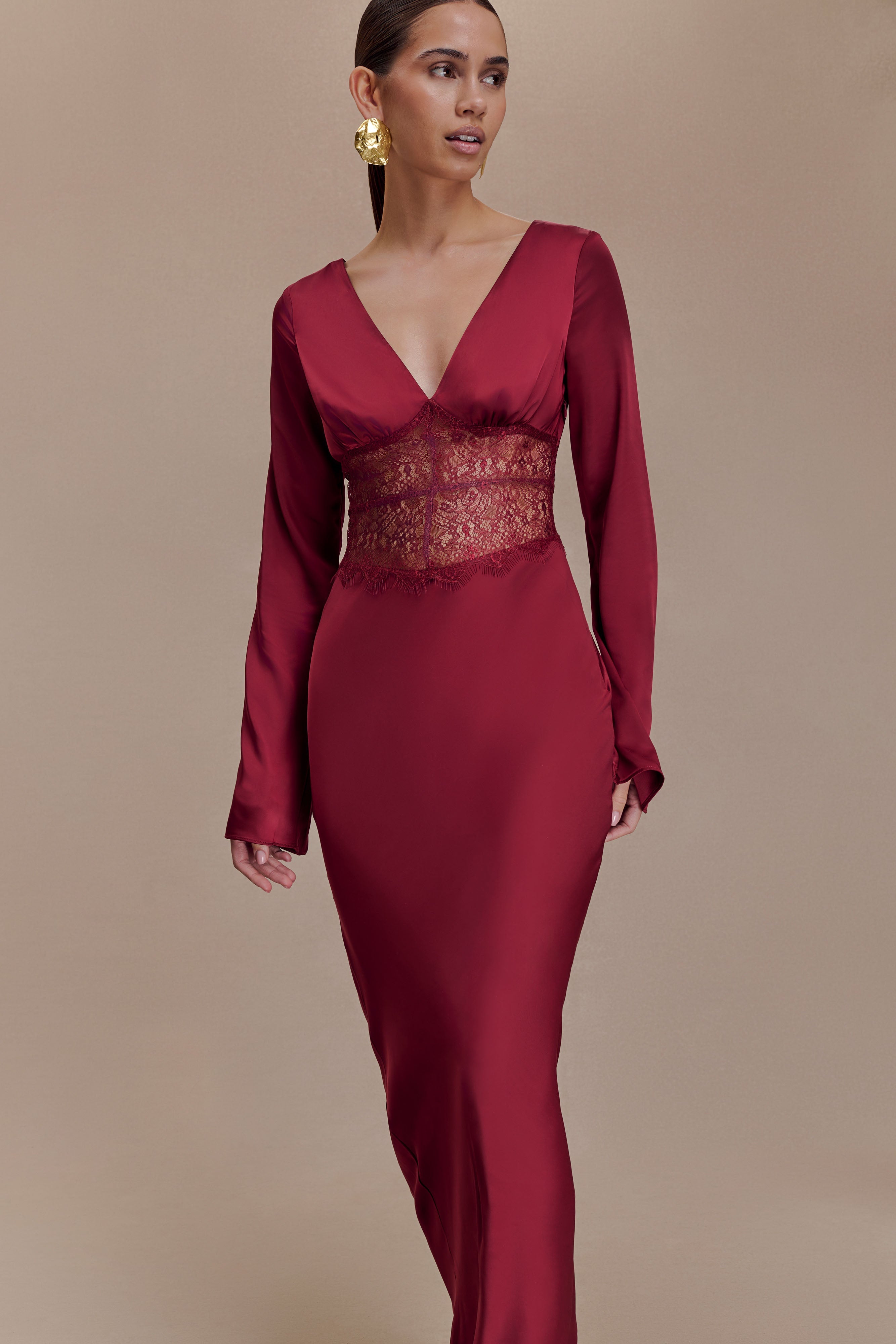 Kaya Long Sleeve Satin And Mesh Maxi Dress - Wine - Image 5
