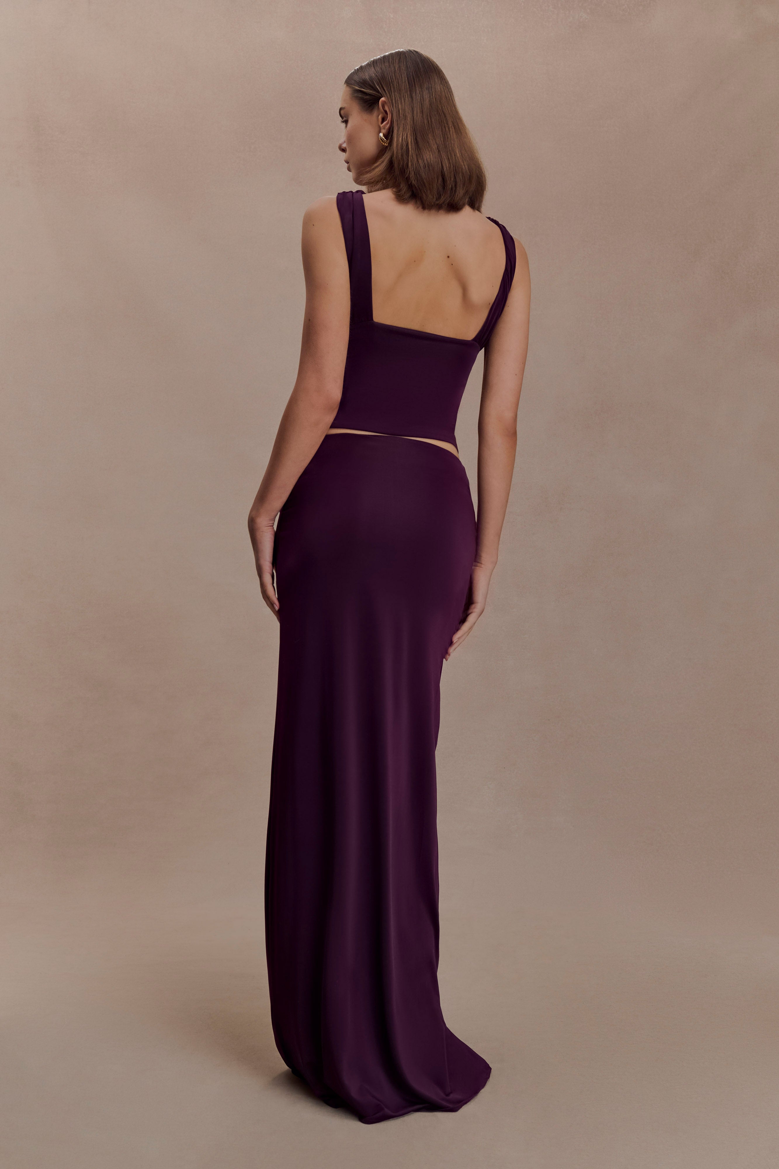 Erina Slinky Ruched Maxi Skirt With Hardware - Aubergine - Image 2