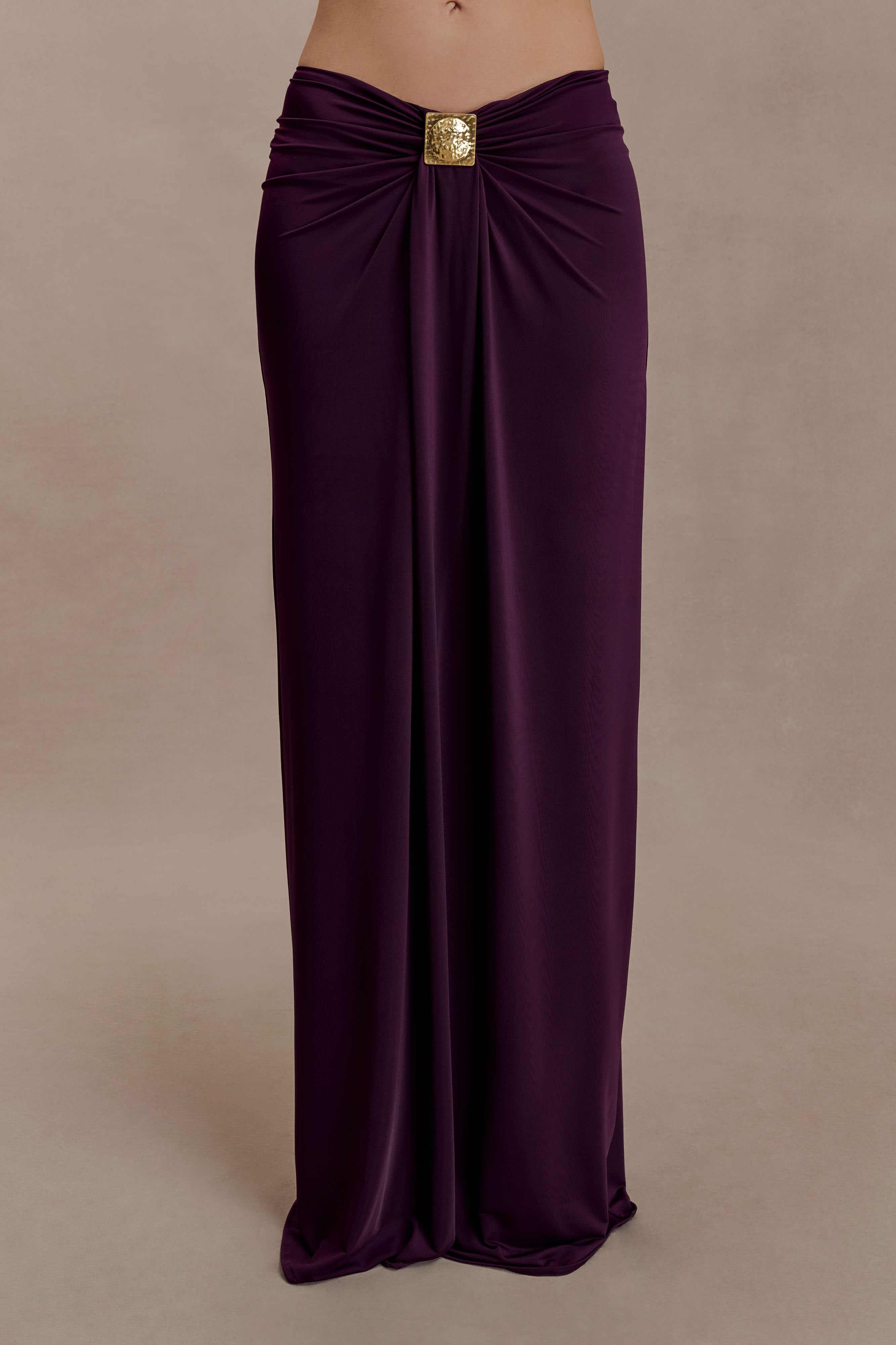 Erina Slinky Ruched Maxi Skirt With Hardware - Aubergine - Image 6