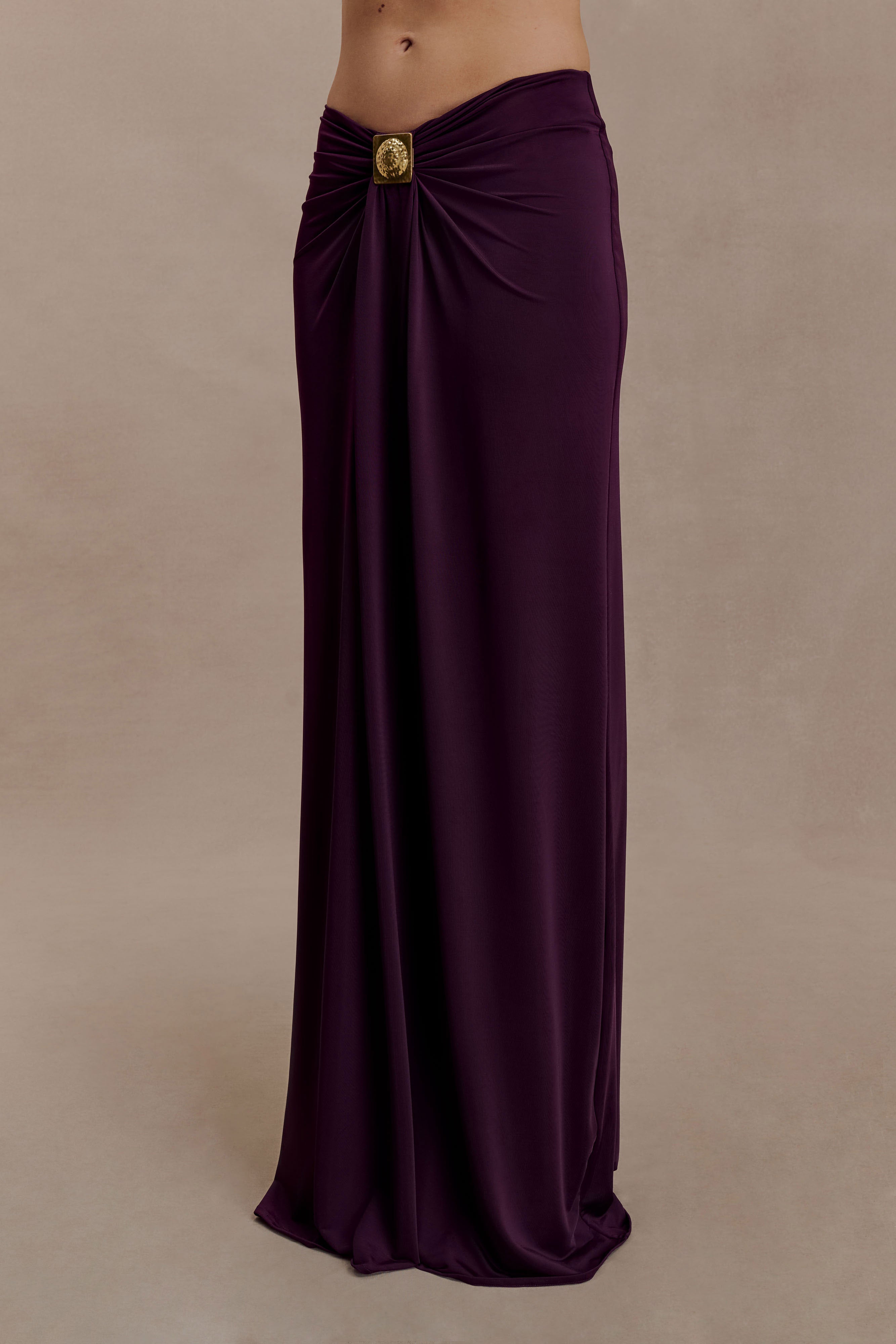 Erina Slinky Ruched Maxi Skirt With Hardware - Aubergine - Image 4