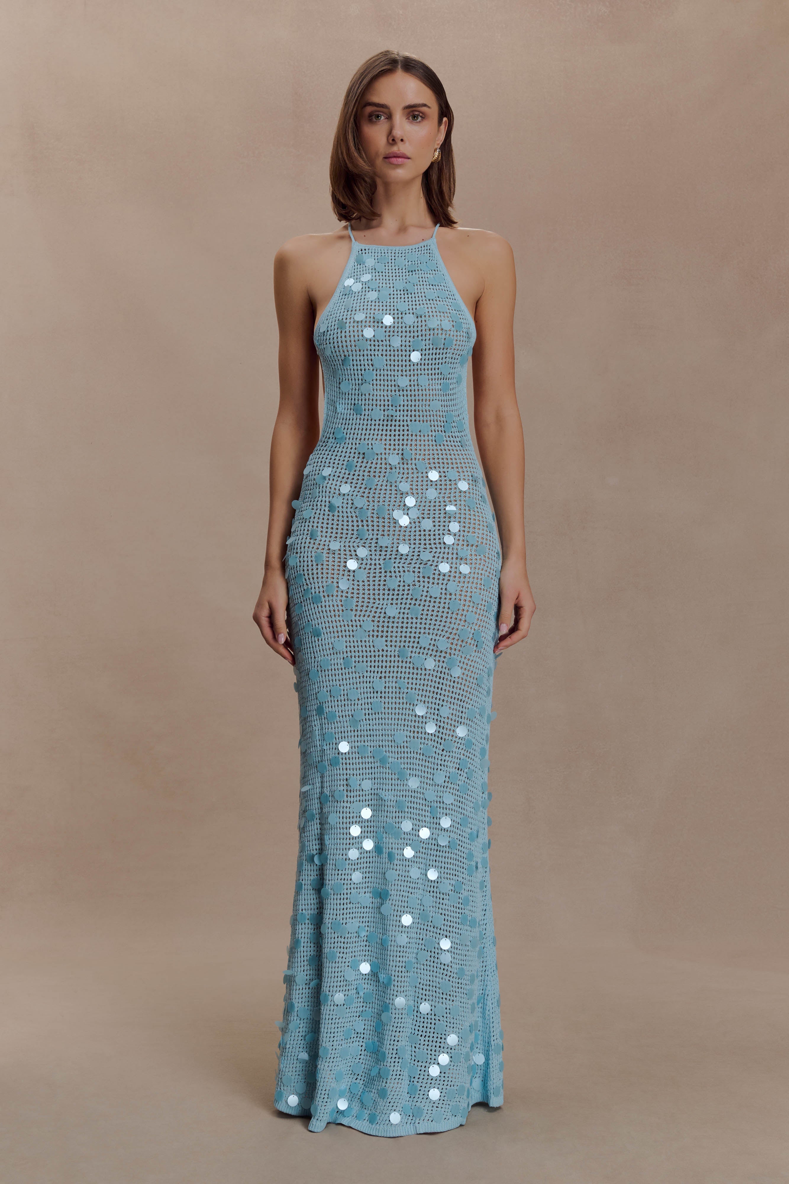 Carmen Crochet Sequin Maxi Open Back Dress - Blue - Image 6