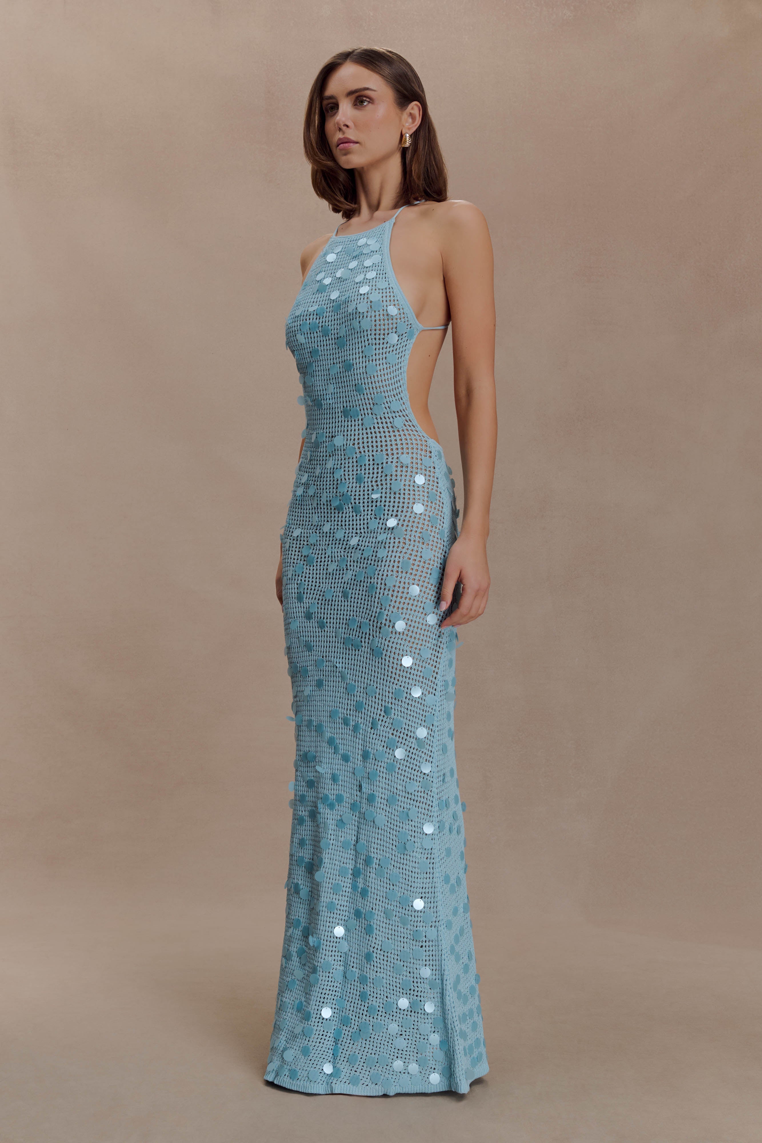 Carmen Crochet Sequin Maxi Open Back Dress - Blue - Image 5