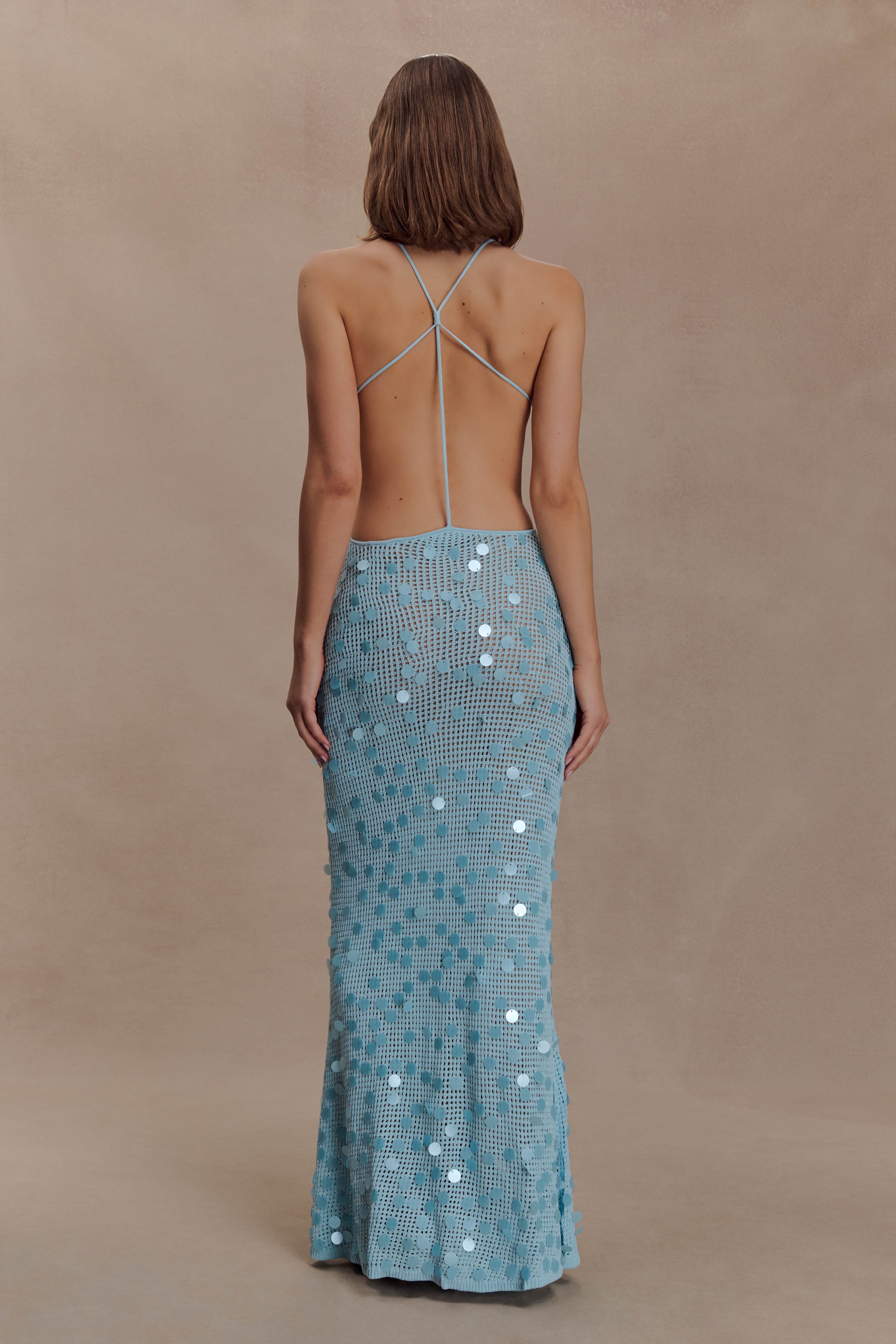 Carmen Crochet Sequin Maxi Open Back Dress - Blue - Image 4