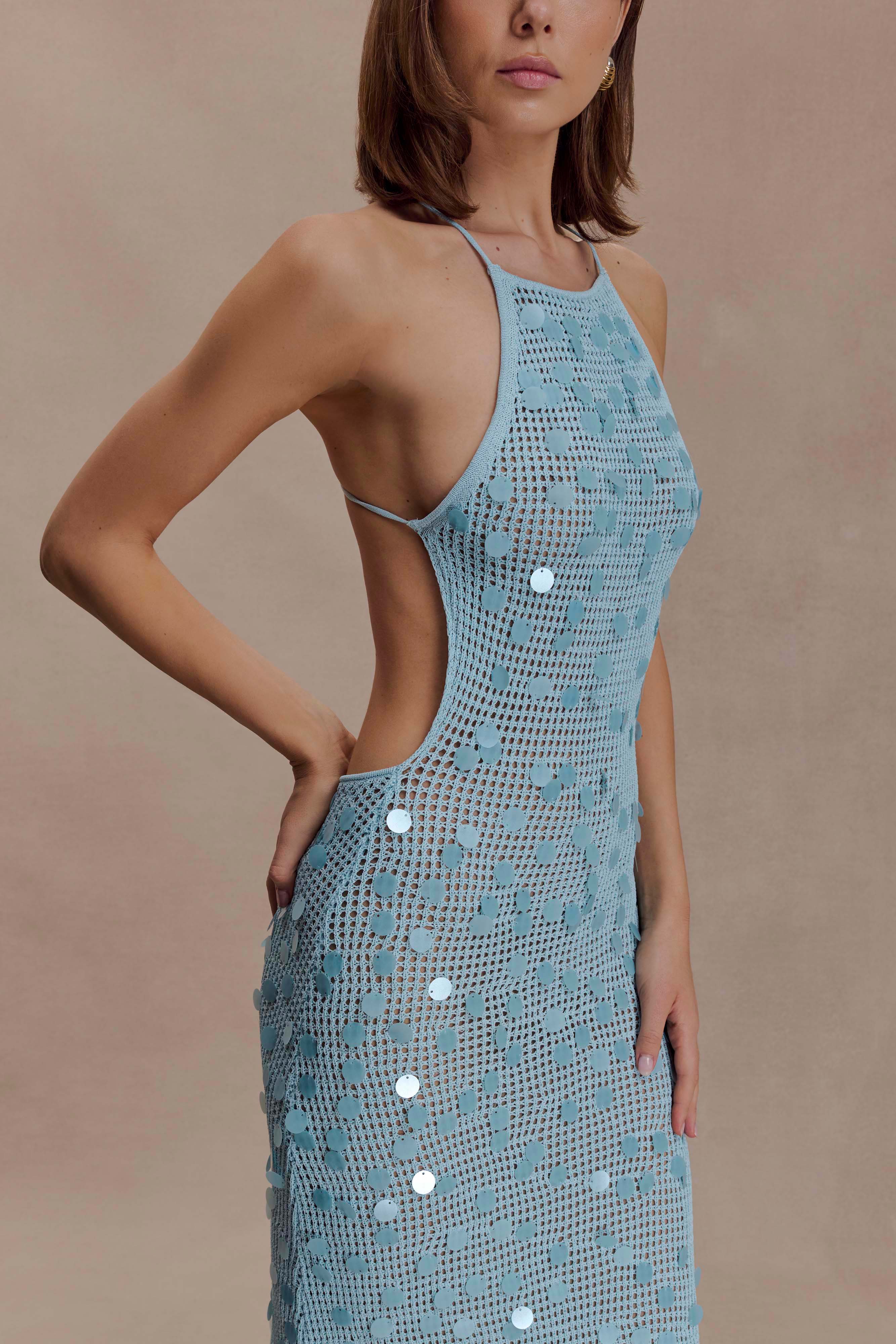 Carmen Crochet Sequin Maxi Open Back Dress - Blue - Image 9