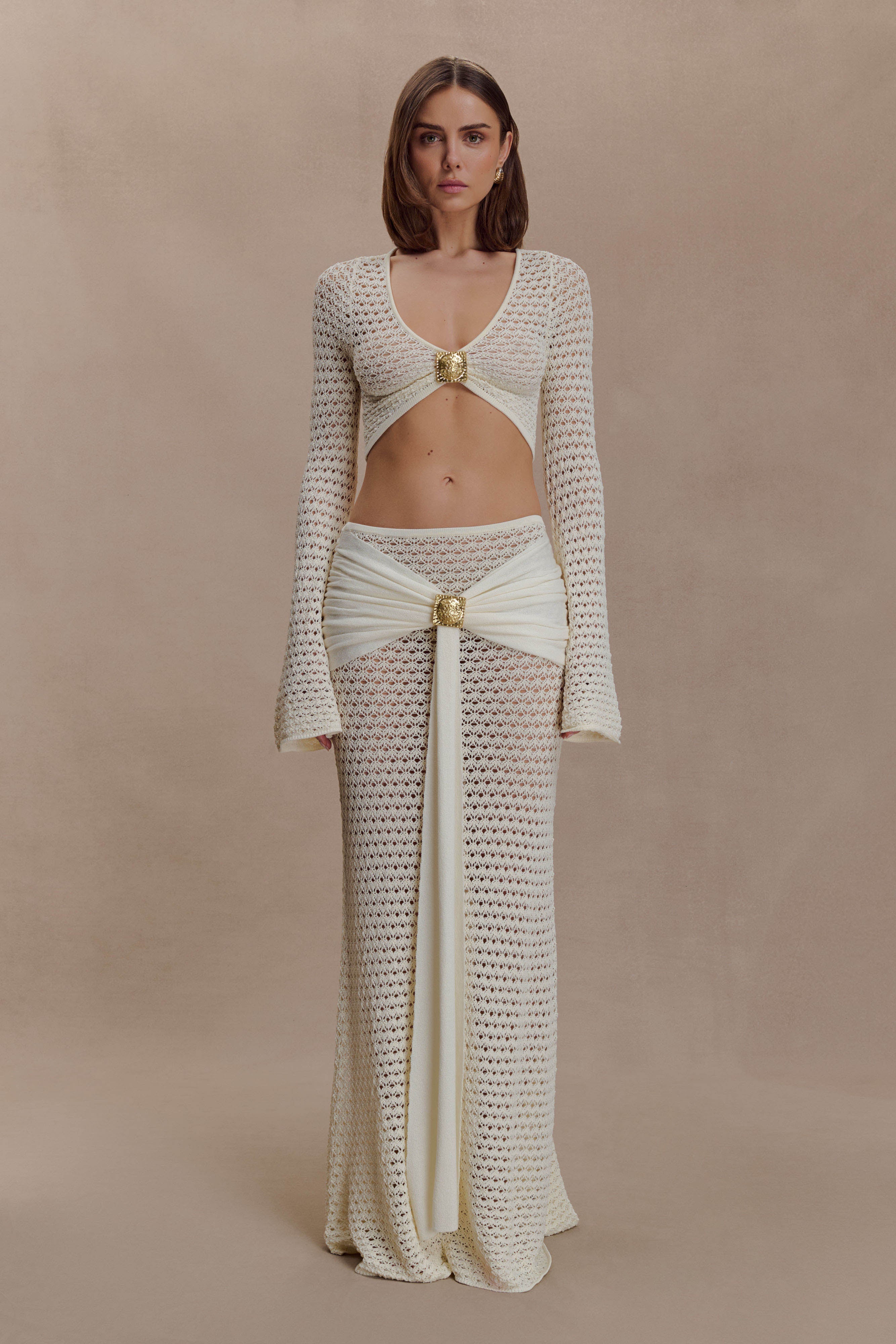 Mania Crochet Long Sleeve Cropped Top - Ivory - Image 7