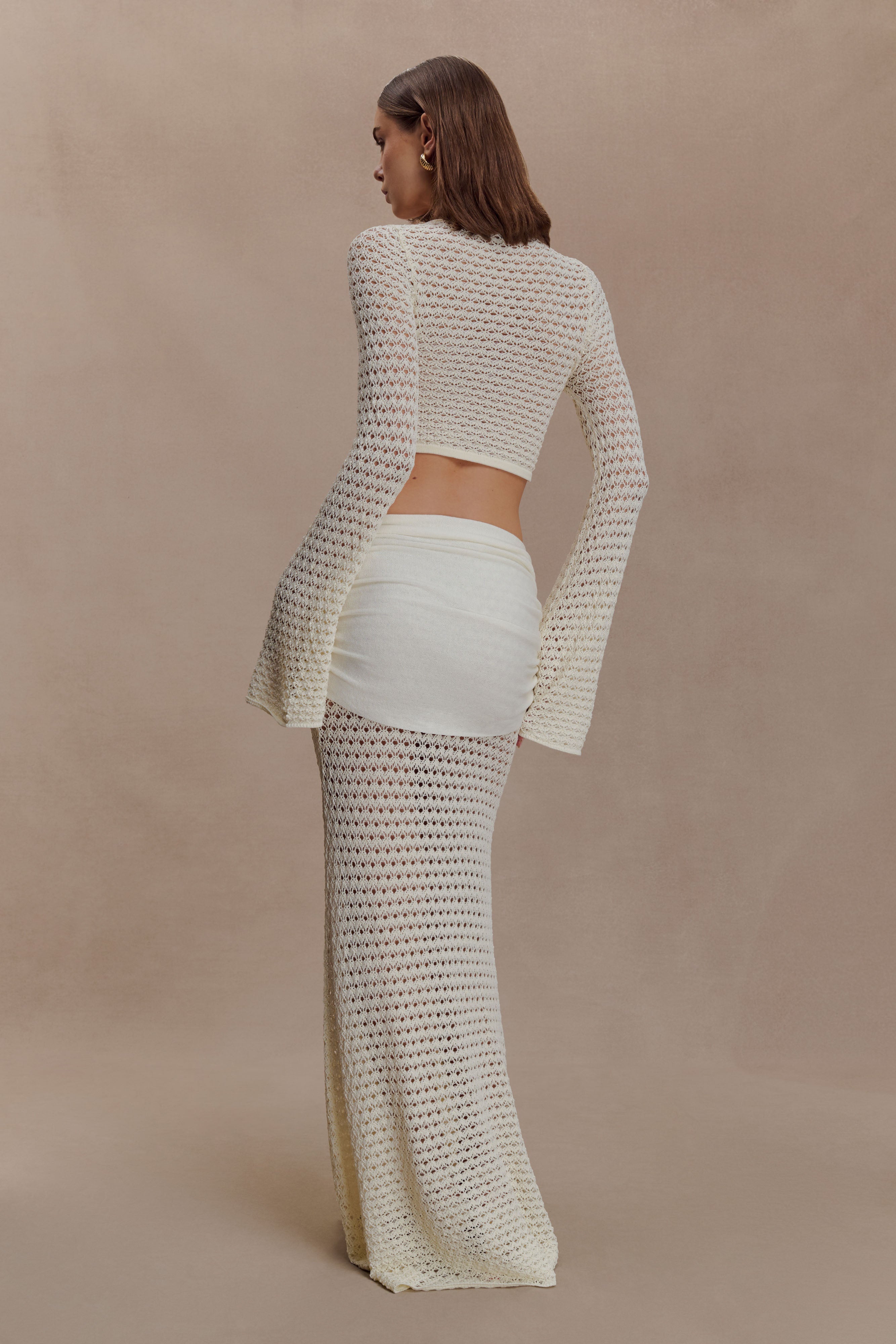 Mania Crochet Long Sleeve Cropped Top - Ivory - Image 5