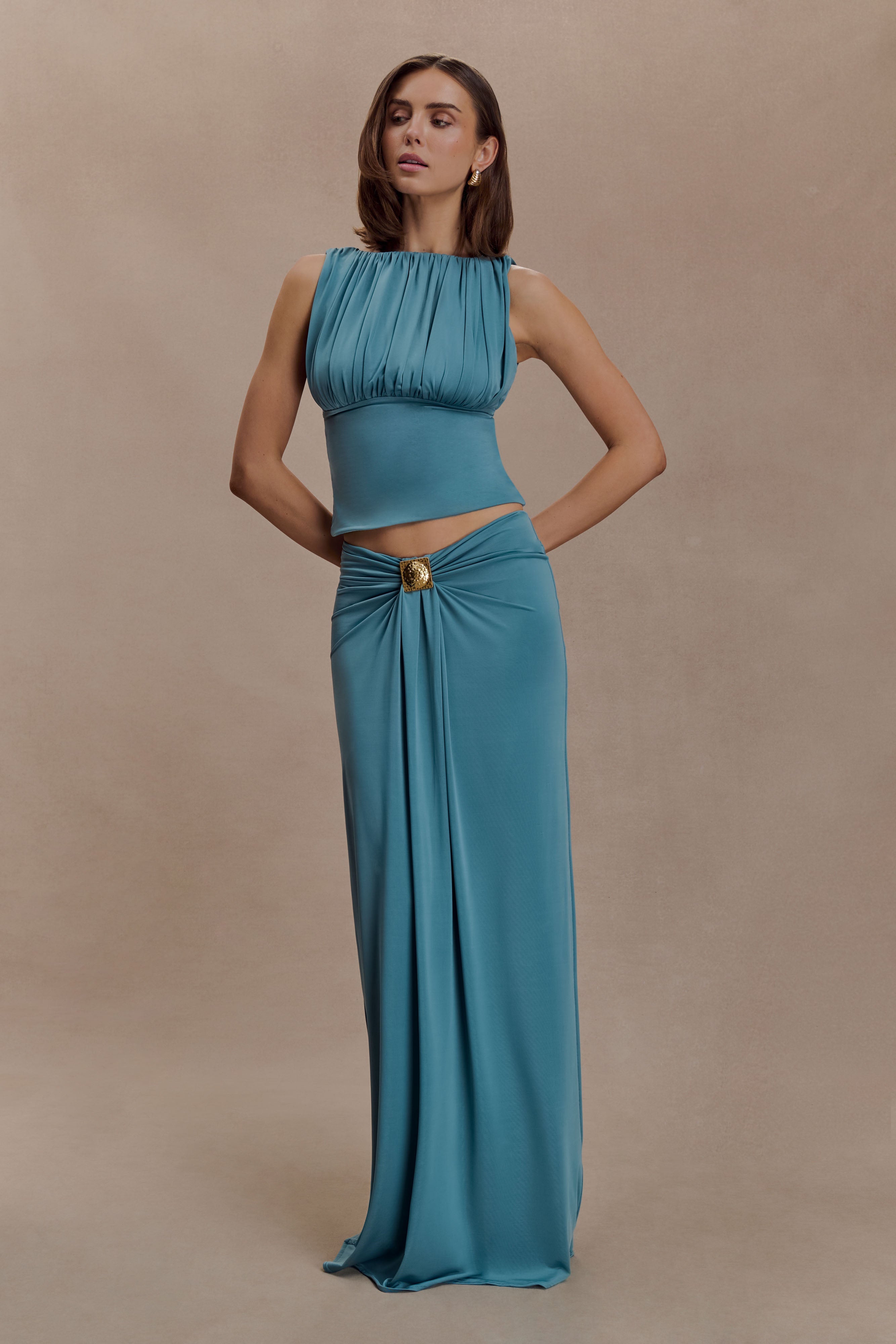 Erina Slinky Ruched Maxi Skirt With Hardware - Teal - Image 4