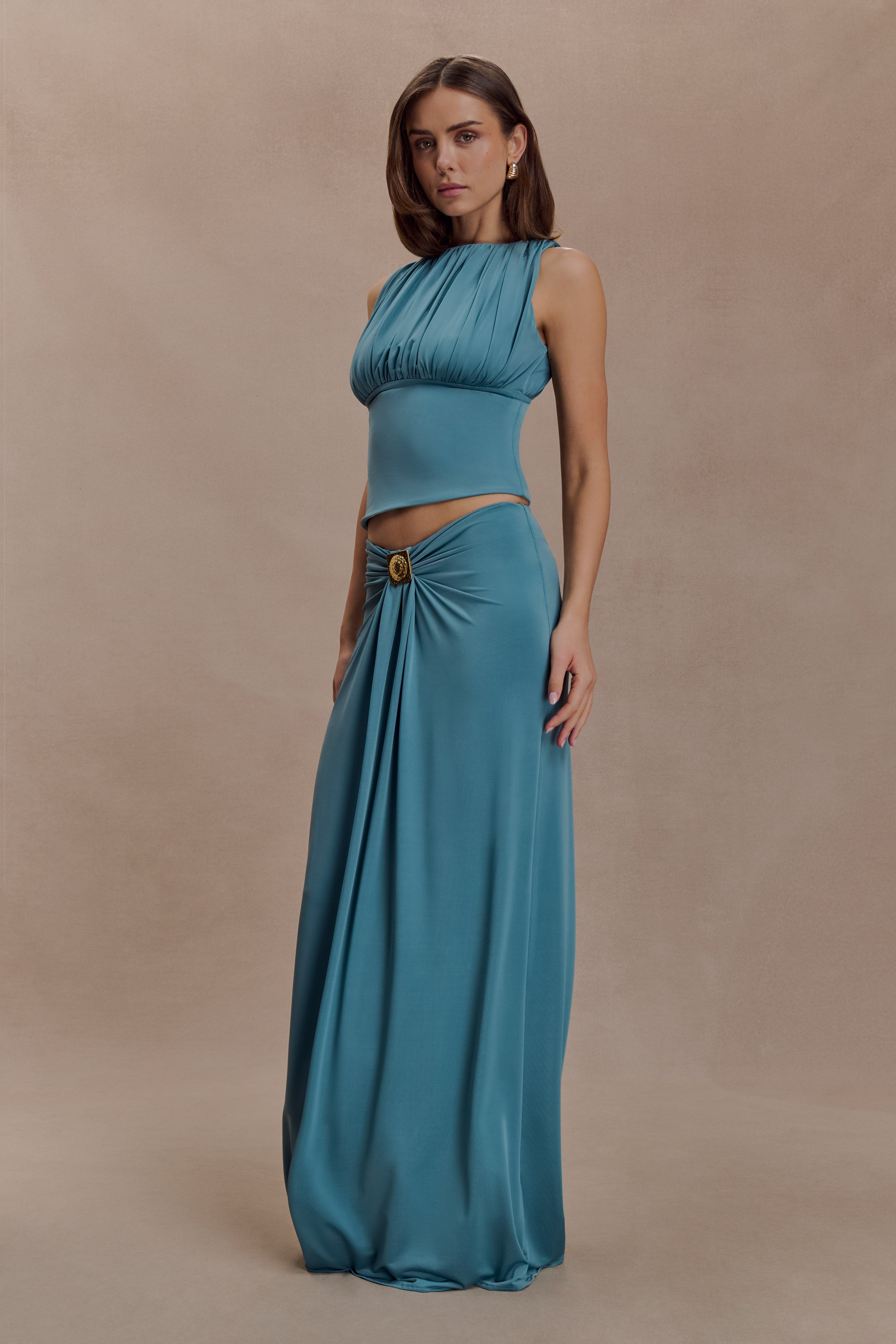 Erina Slinky Ruched Maxi Skirt With Hardware - Teal - Image 3