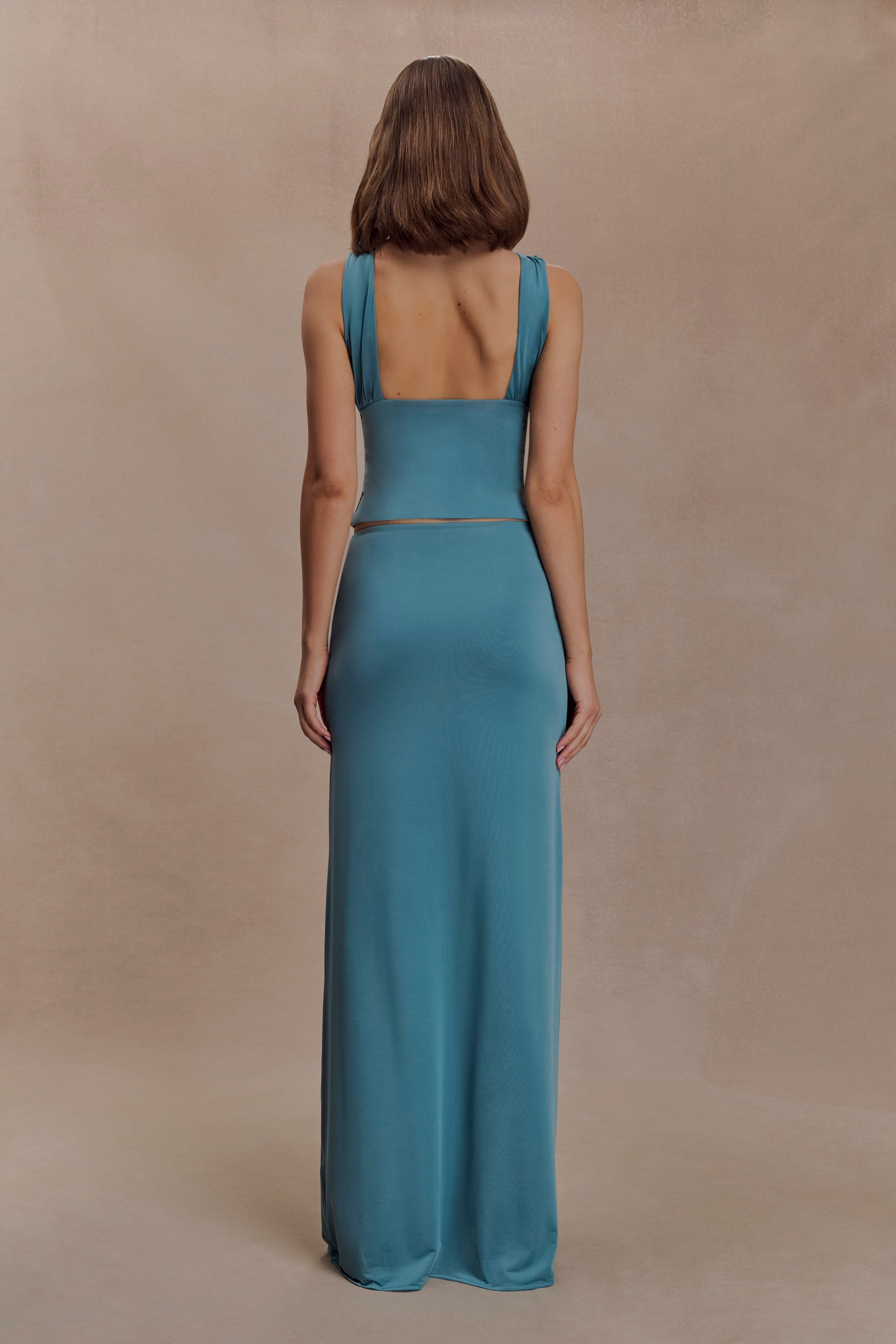 Alternative view of Erina Slinky Ruched Maxi Skirt With Hardware - Teal