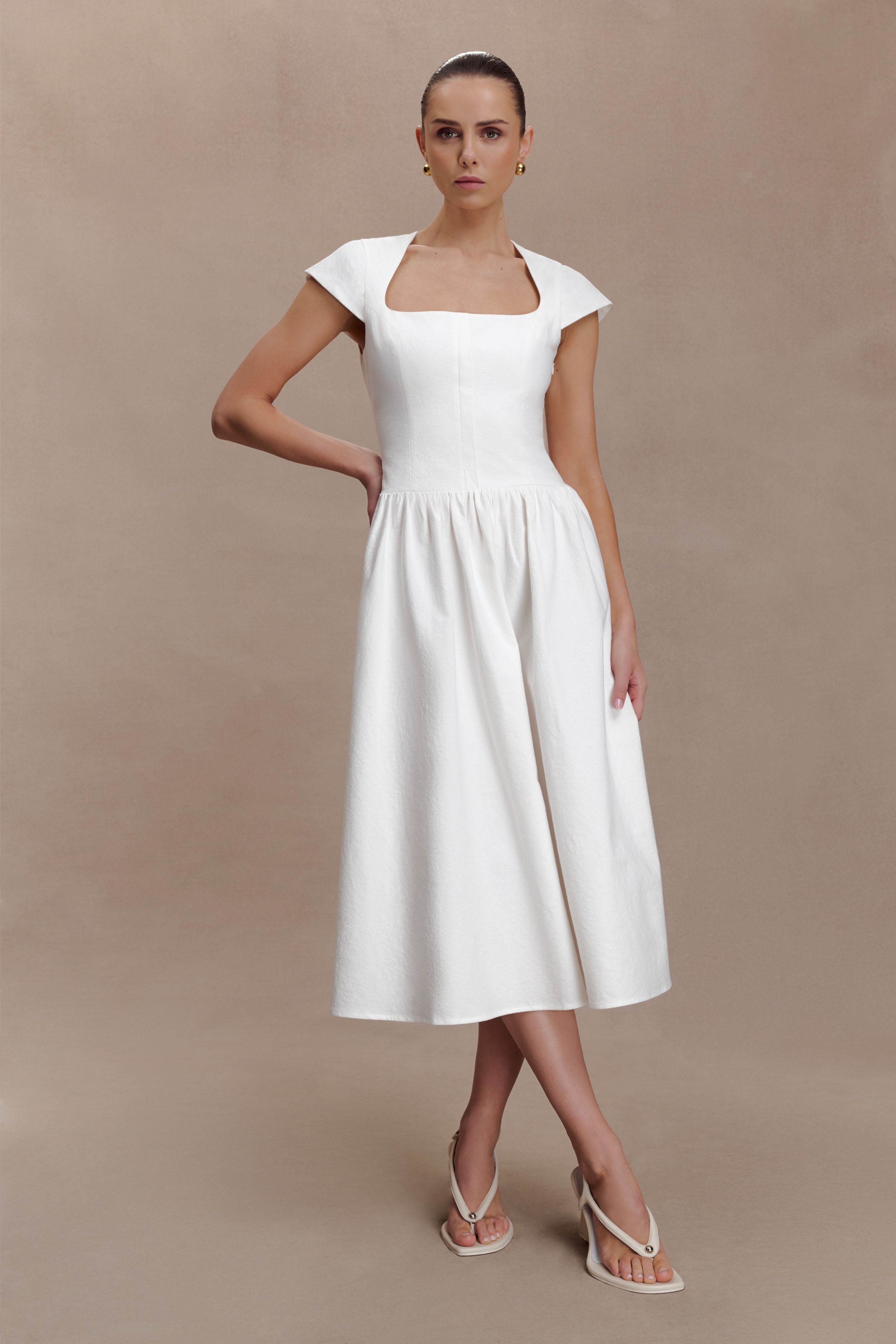 Ayla Cotton Fit And Flare Midi Dress - White - Image 5