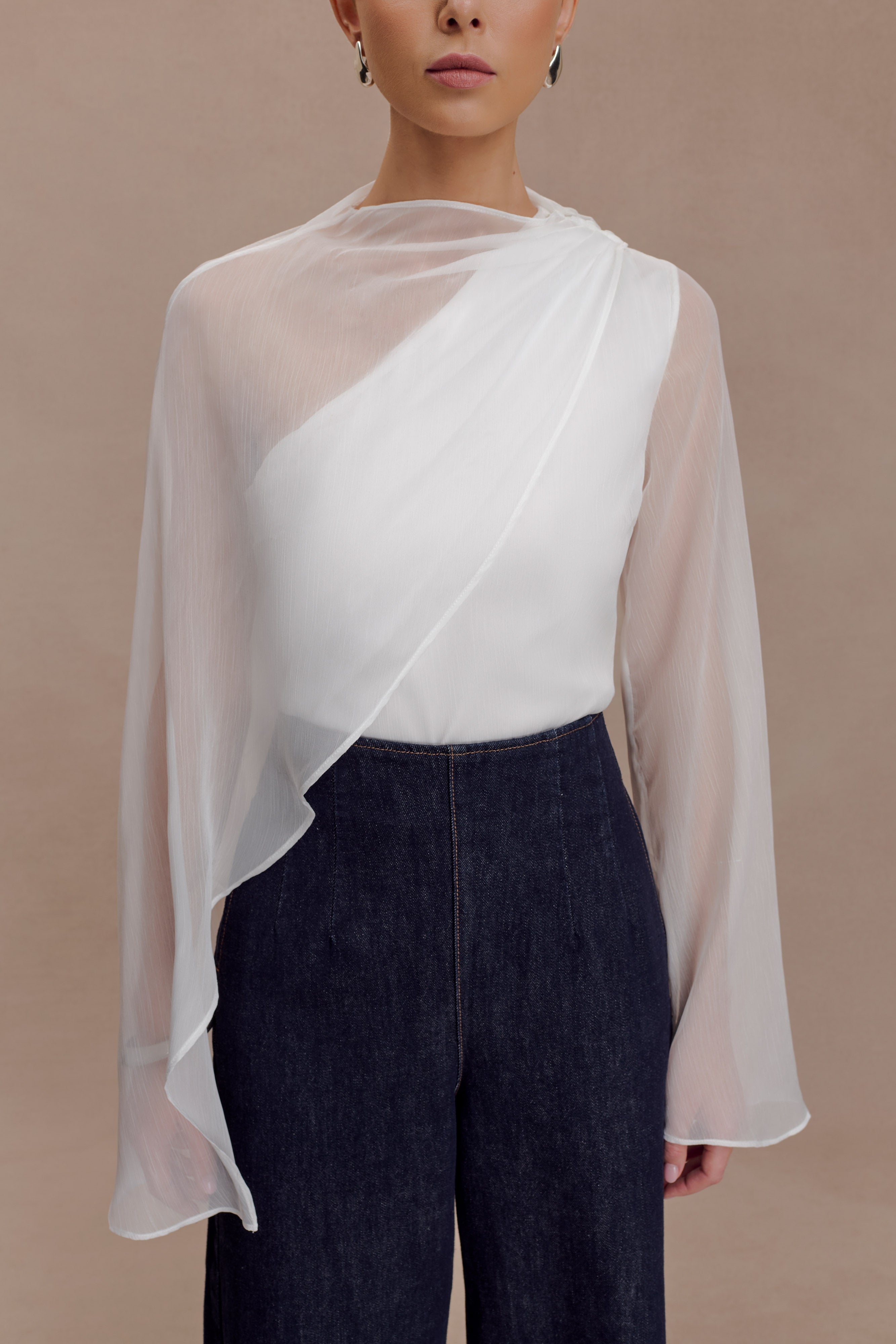 Ida Sheer Asymmetrical Long Sleeve Cape - White - Image 3