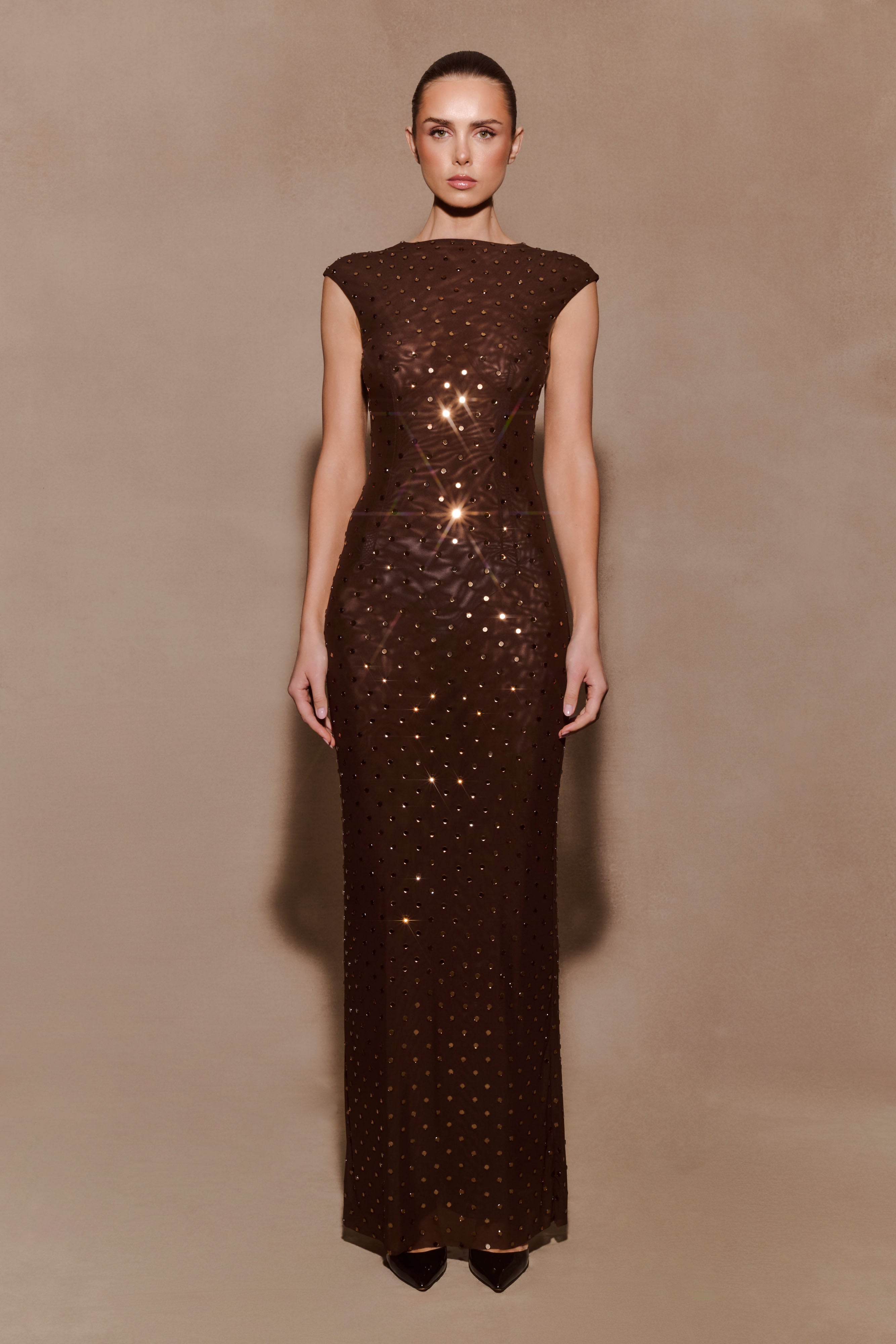 Samara Sleeveless Diamante Maxi Dress - Chocolate - Image 9