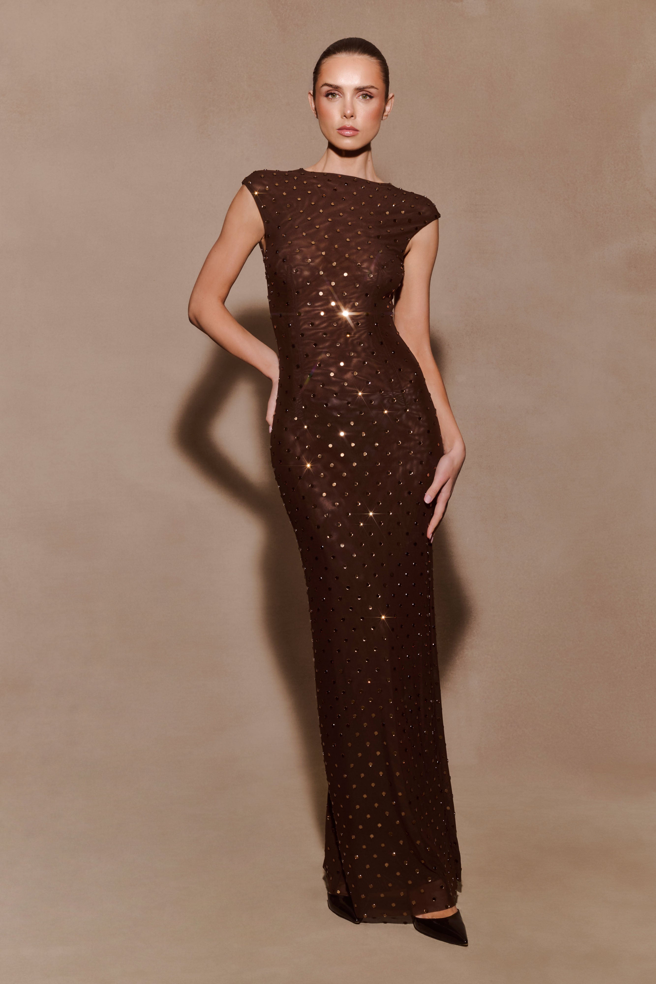 Samara Sleeveless Diamante Maxi Dress - Chocolate - Image 8