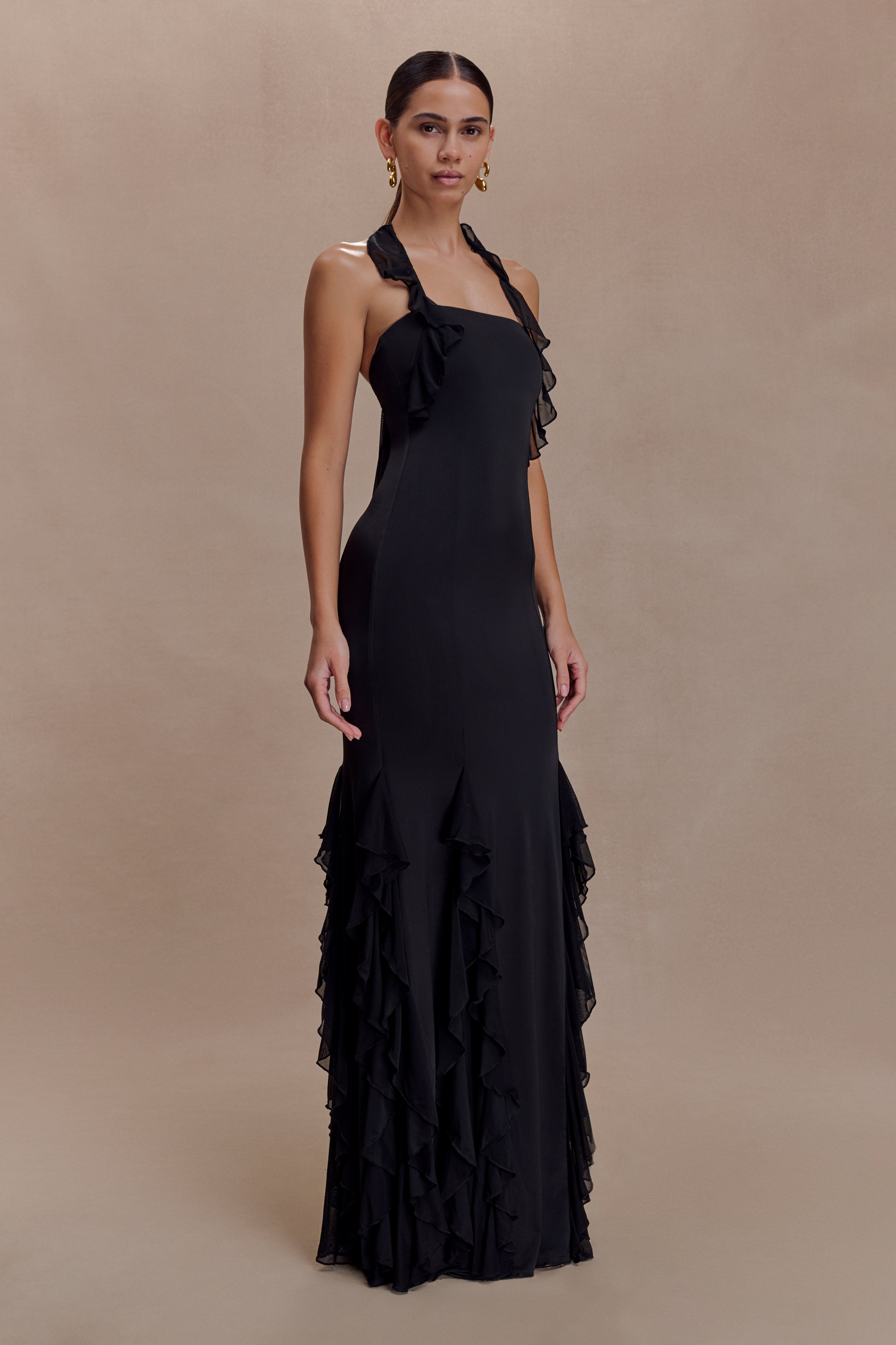 Etta Ruffle Slinky Maxi Dress - Black - Image 5