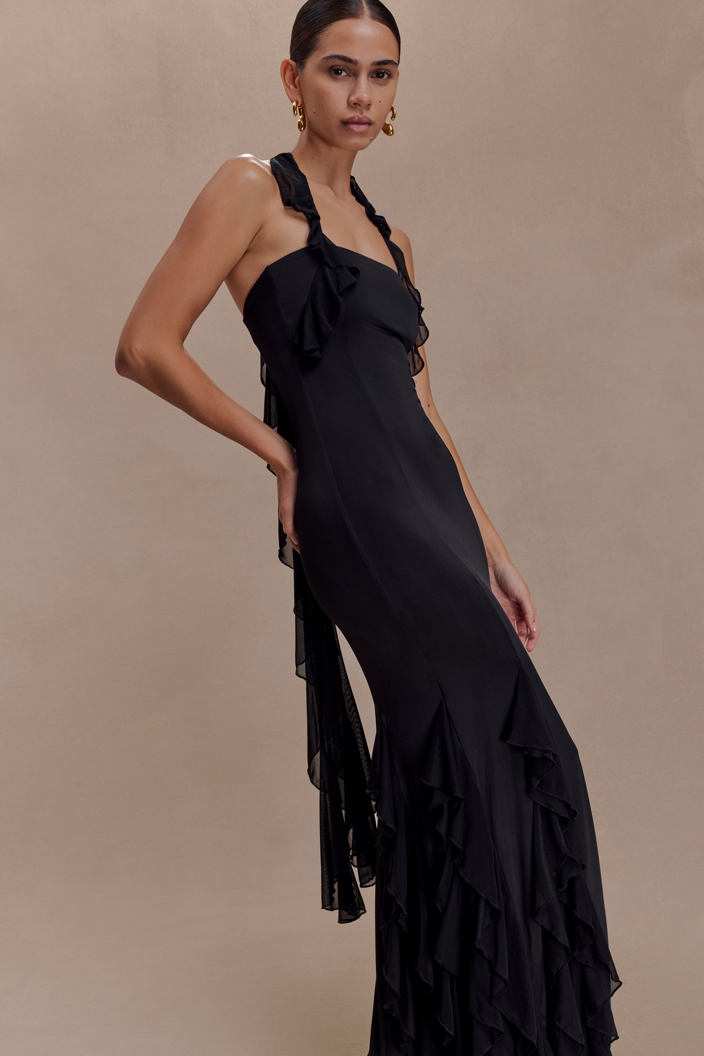 Etta Ruffle Slinky Maxi Dress - Black - Image 3