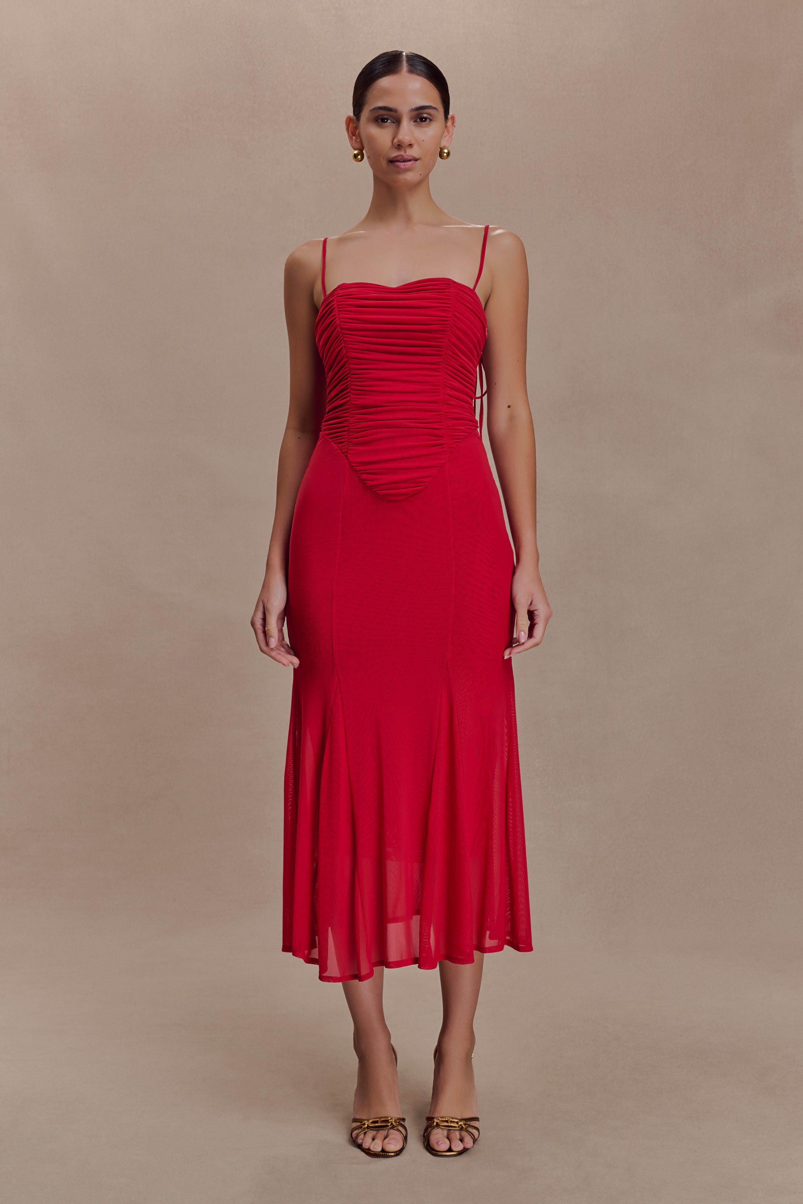 Alternative view of Willa Gathered Mesh Midi Dress - Ruby