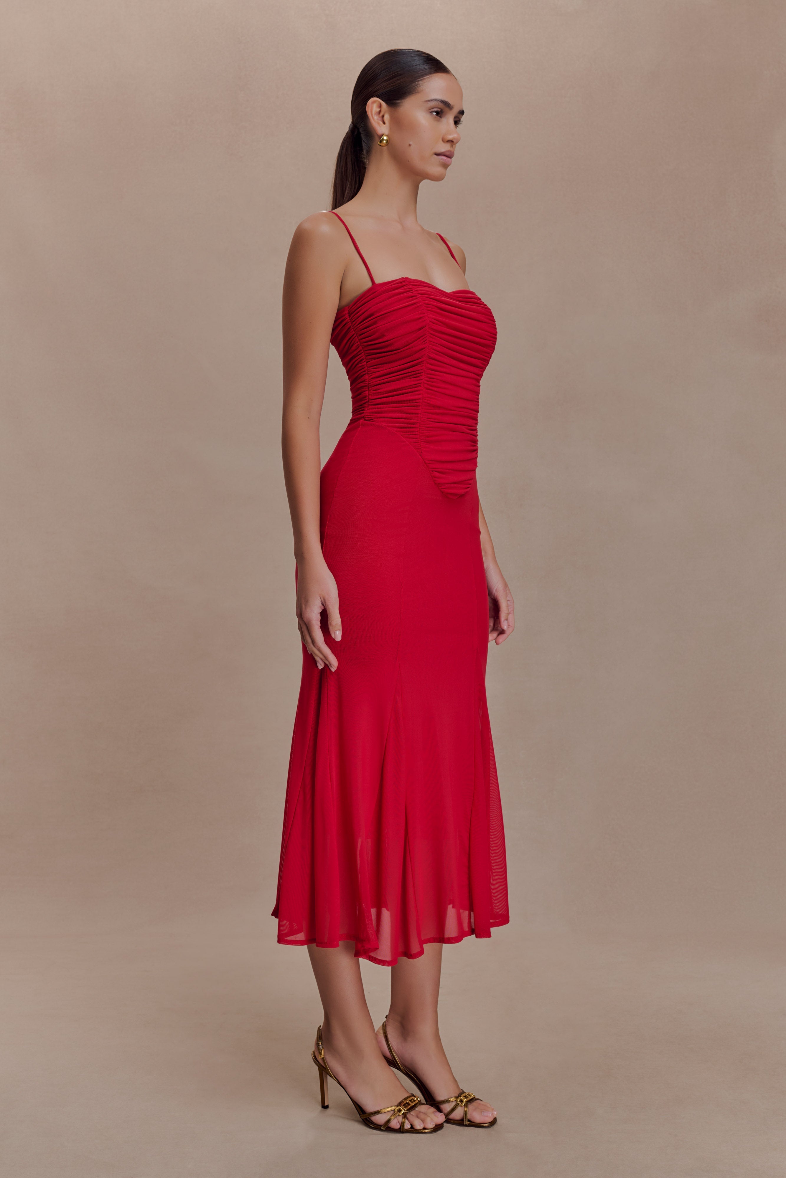 Willa Gathered Mesh Midi Dress - Ruby - Image 5
