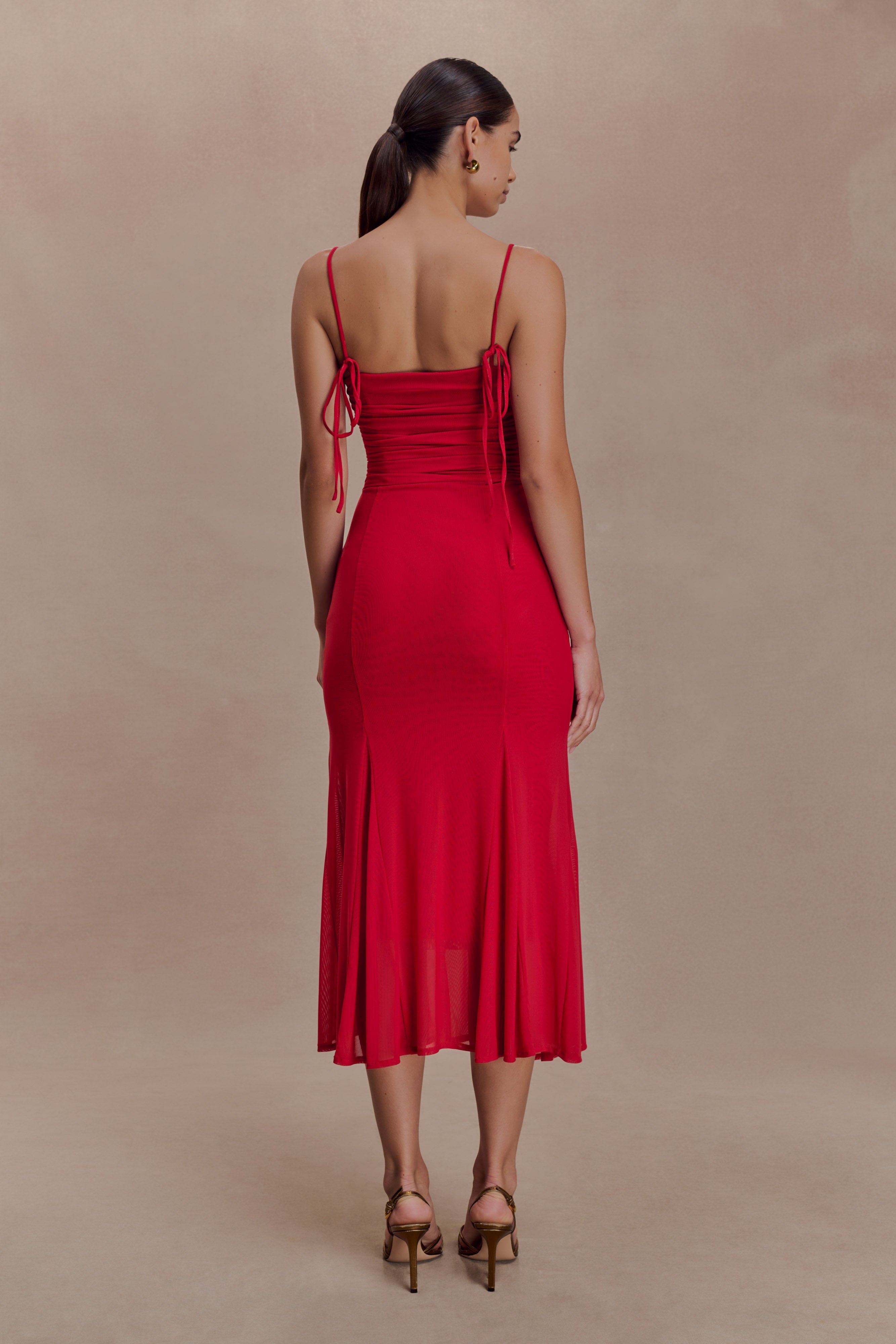 Willa Gathered Mesh Midi Dress - Ruby - Image 4