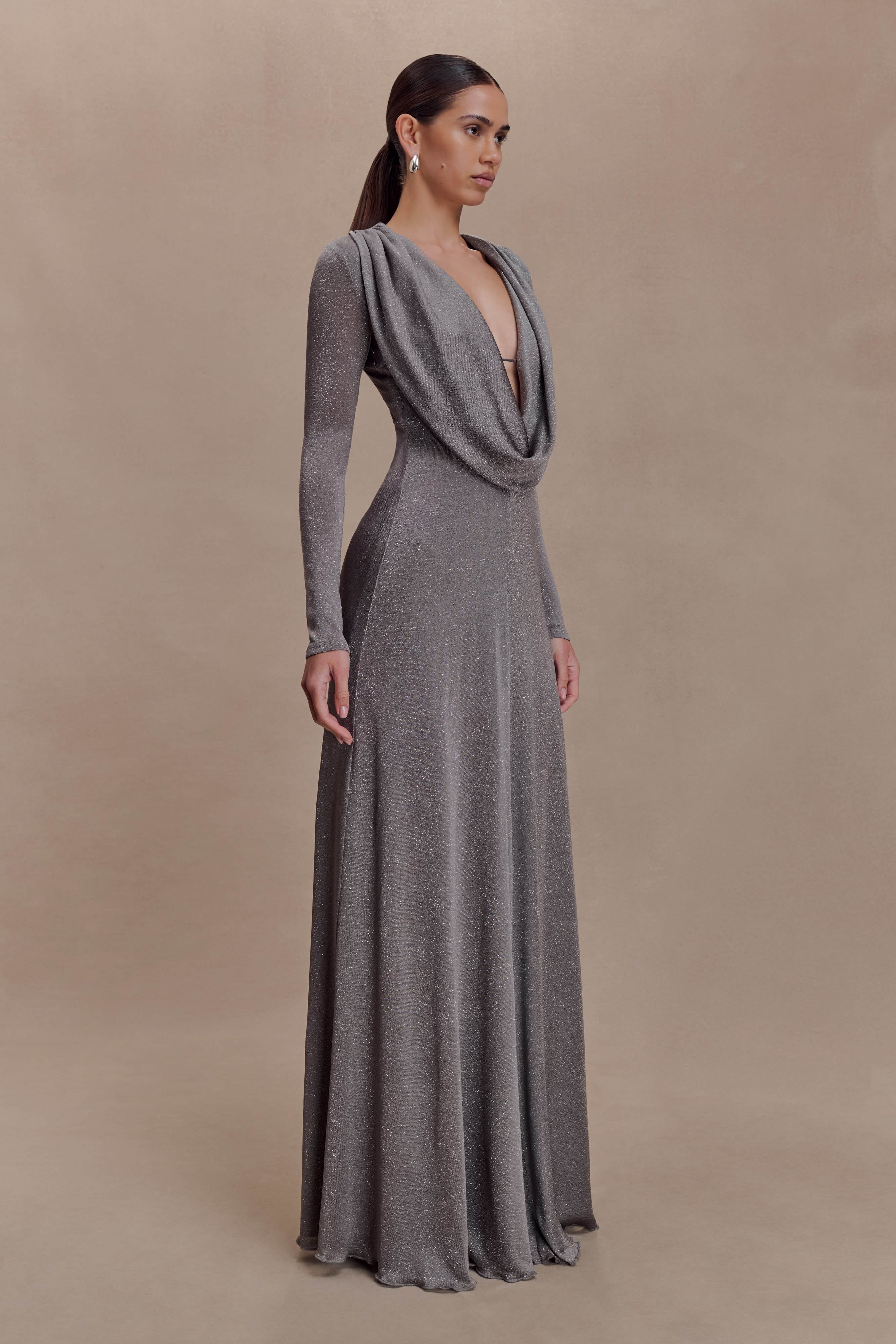 Scarlet Lurex Cowl Maxi Dress - Silver - Image 5