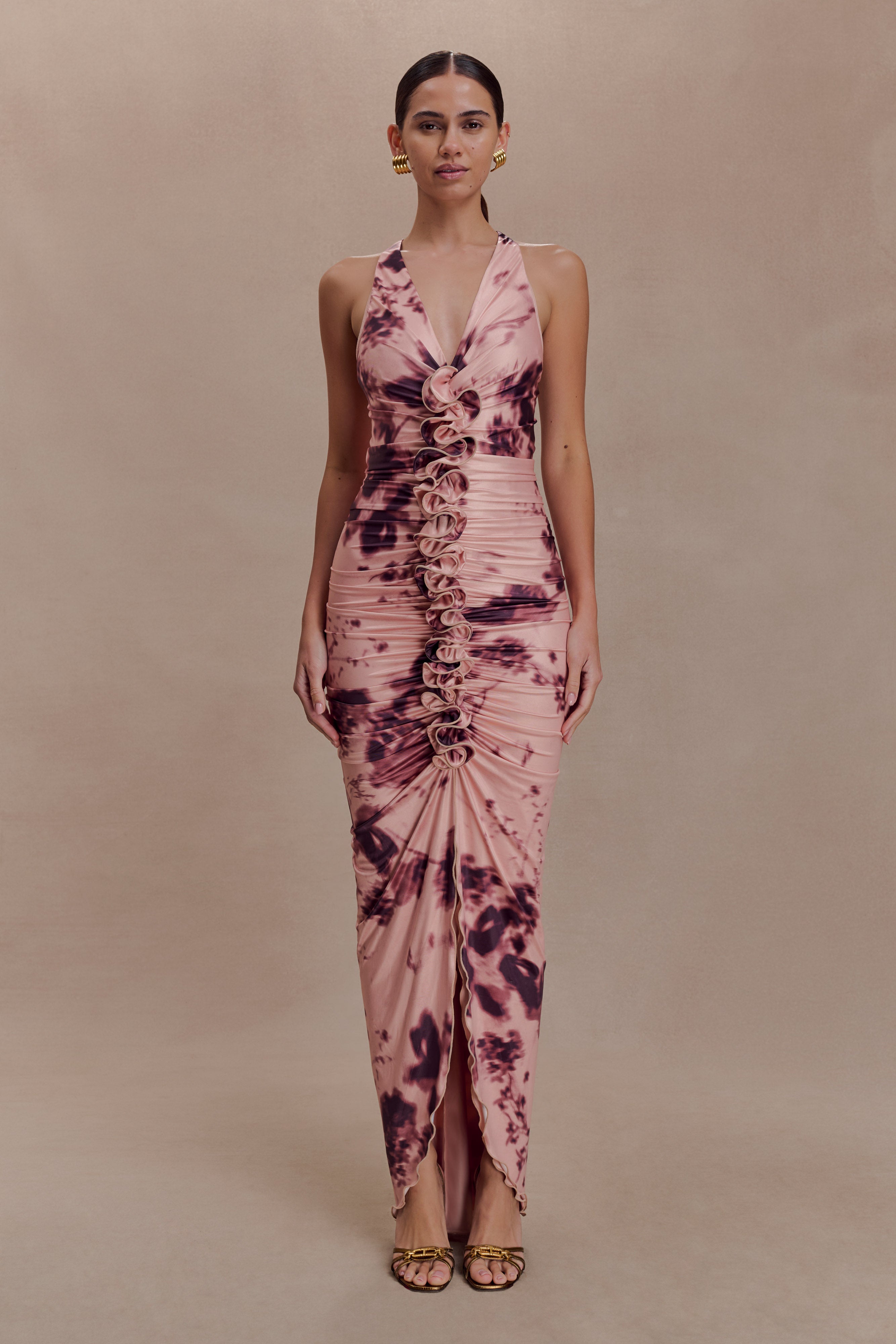 Alternative view of Alessandra Slinky Ruffle Maxi Dress - Pink Blurred Floral Print