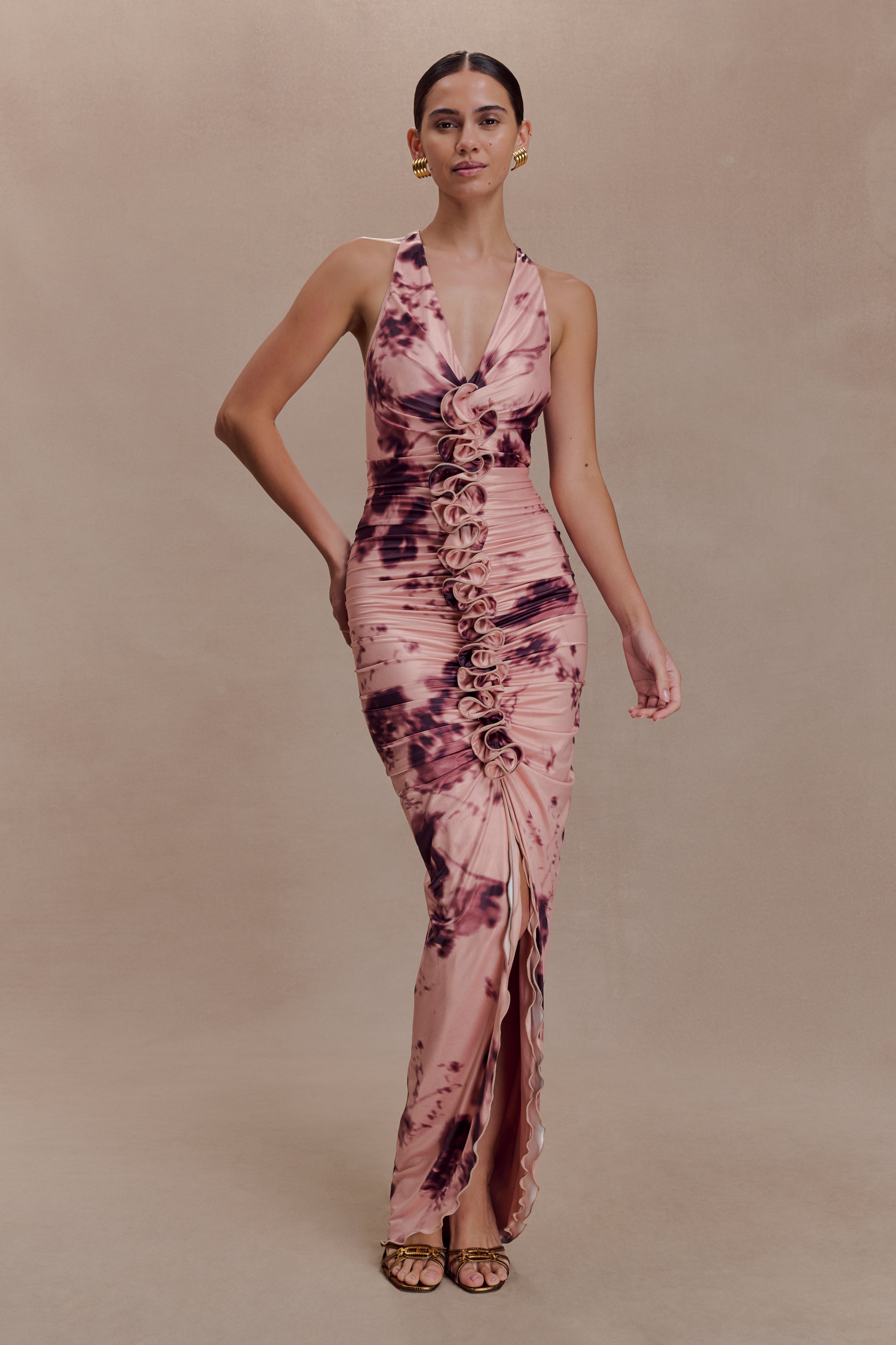 Alessandra Slinky Ruffle Maxi Dress - Pink Blurred Floral Print - Image 6