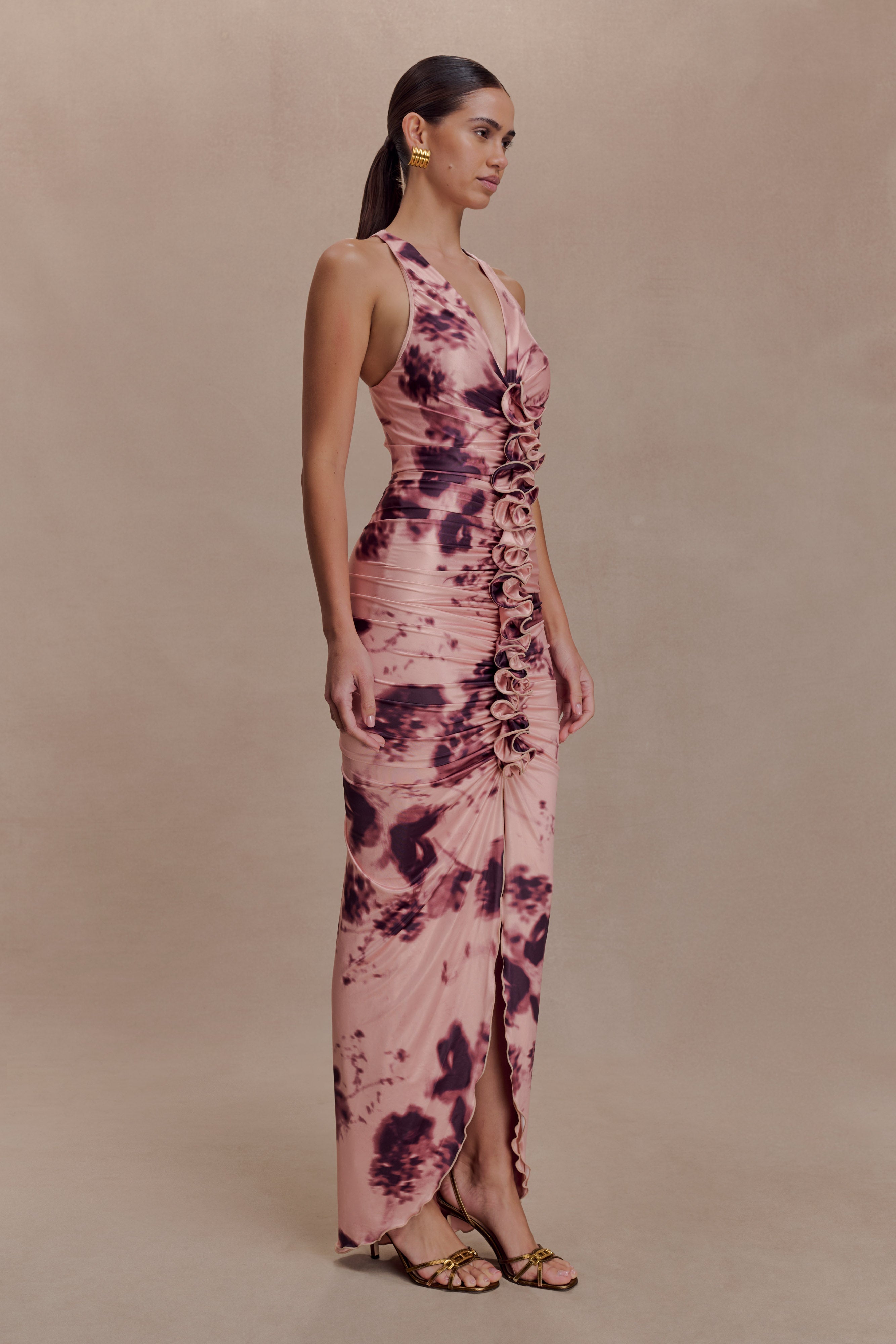 Alessandra Slinky Ruffle Maxi Dress - Pink Blurred Floral Print - Image 4