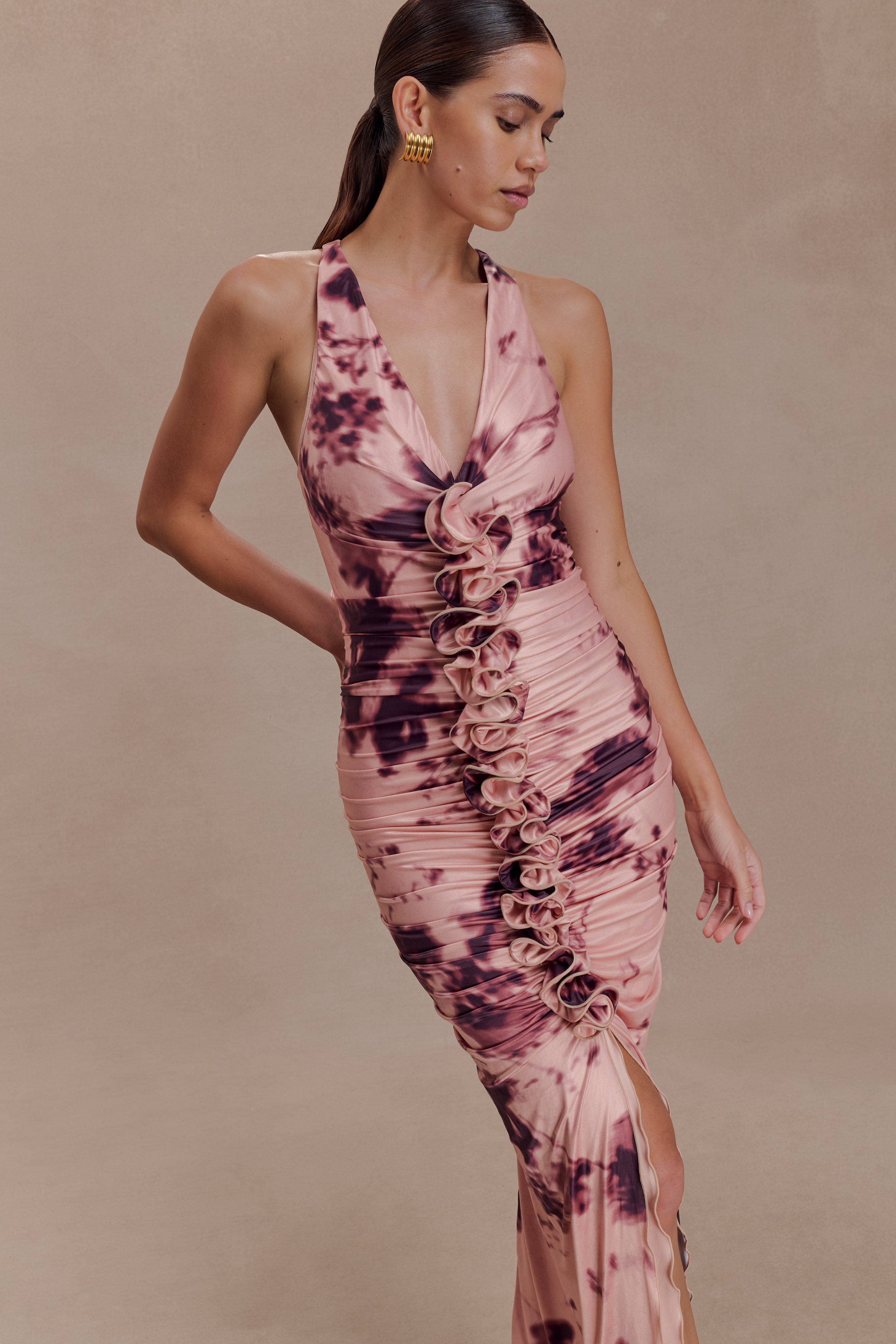 Alessandra Slinky Ruffle Maxi Dress - Pink Blurred Floral Print - Image 3
