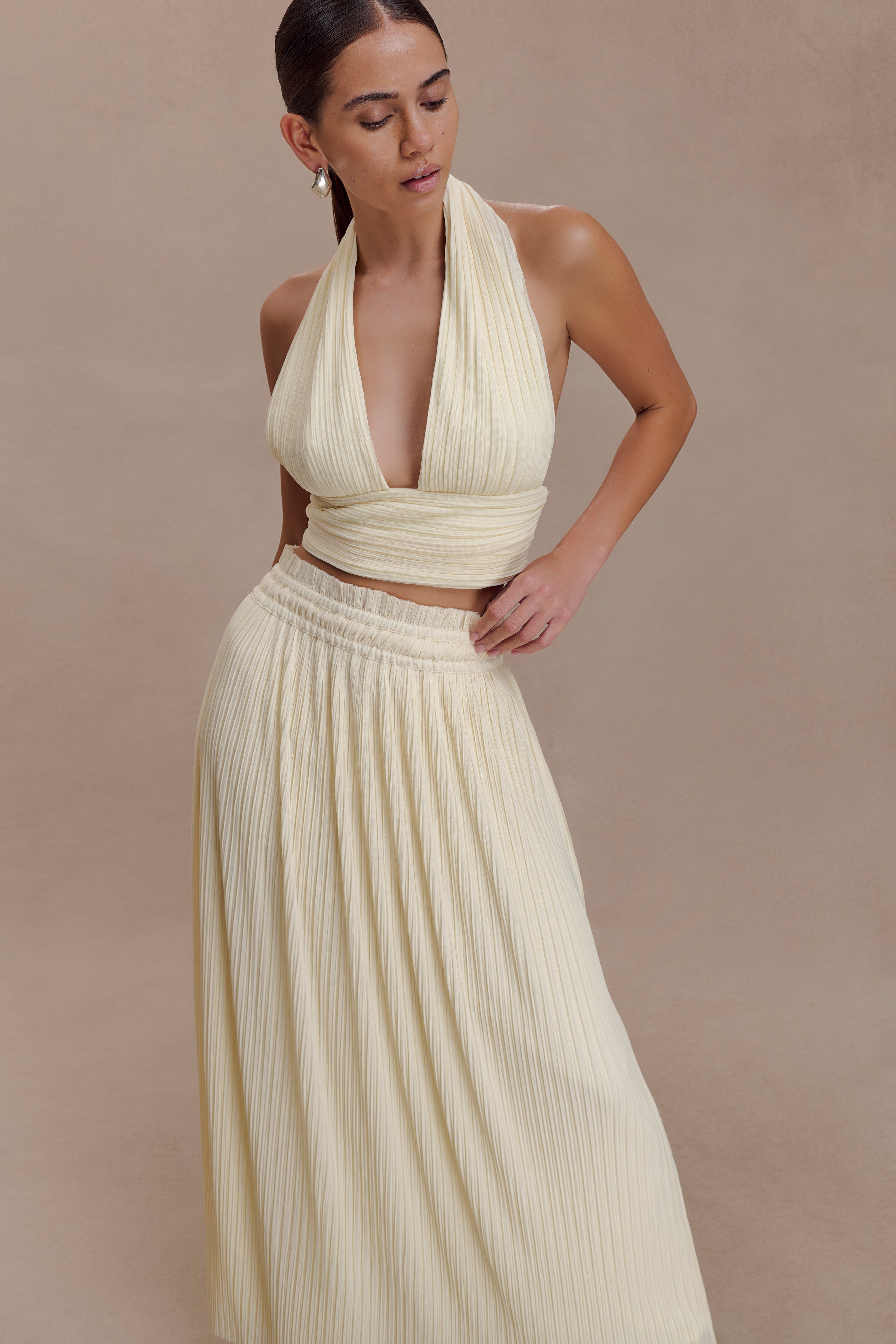 Amaris Sleeveless Plisse Halter Top - Lemon - Image 3