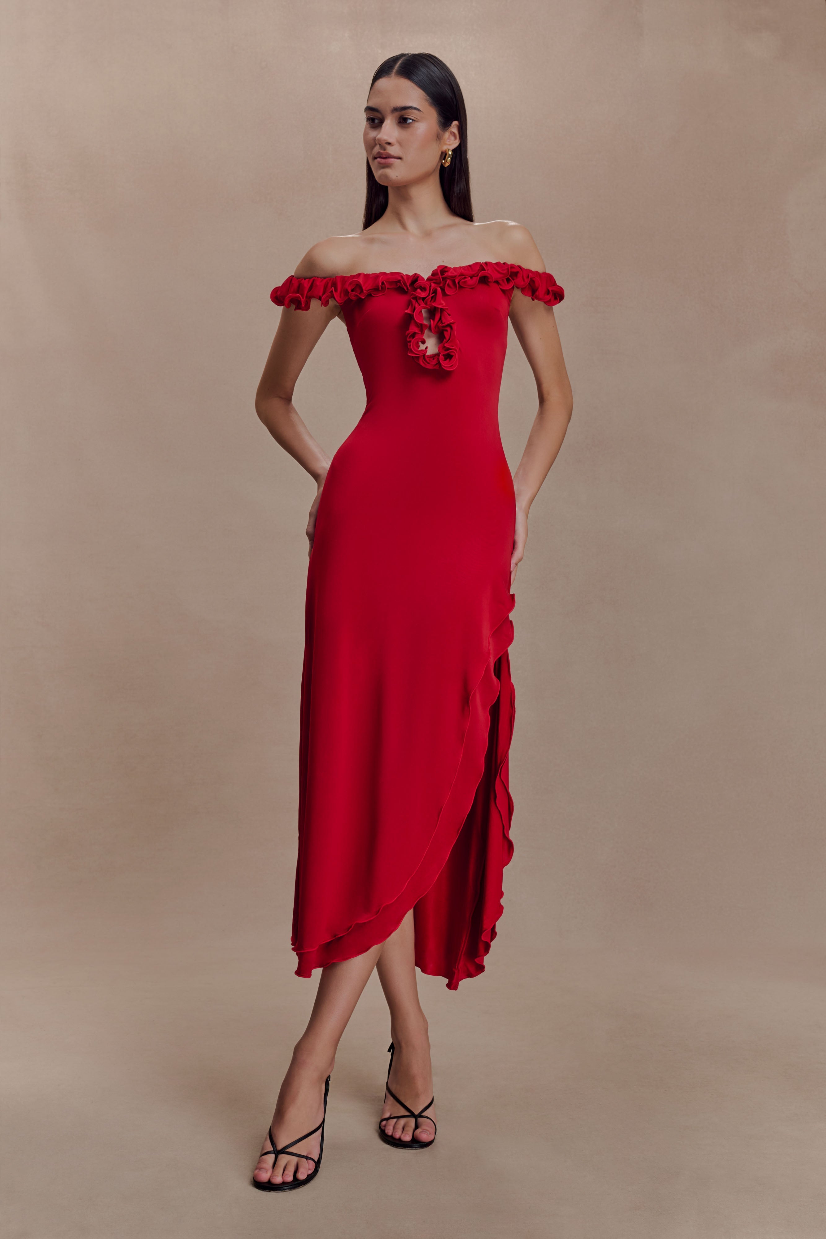 Allegra Off Shoulder Ruffle Midi Dress - Ruby - Image 6