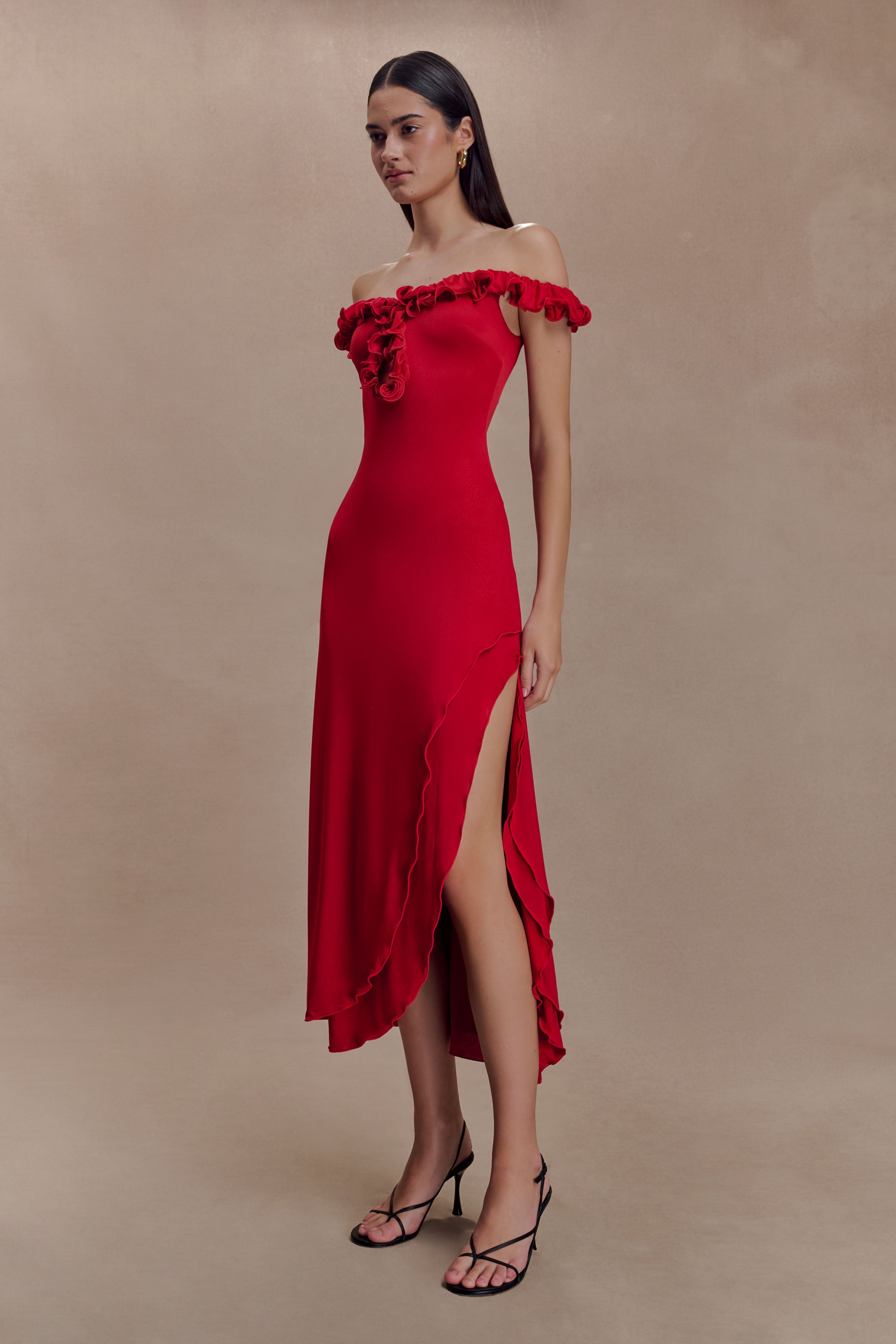Allegra Off Shoulder Ruffle Midi Dress - Ruby - Image 5