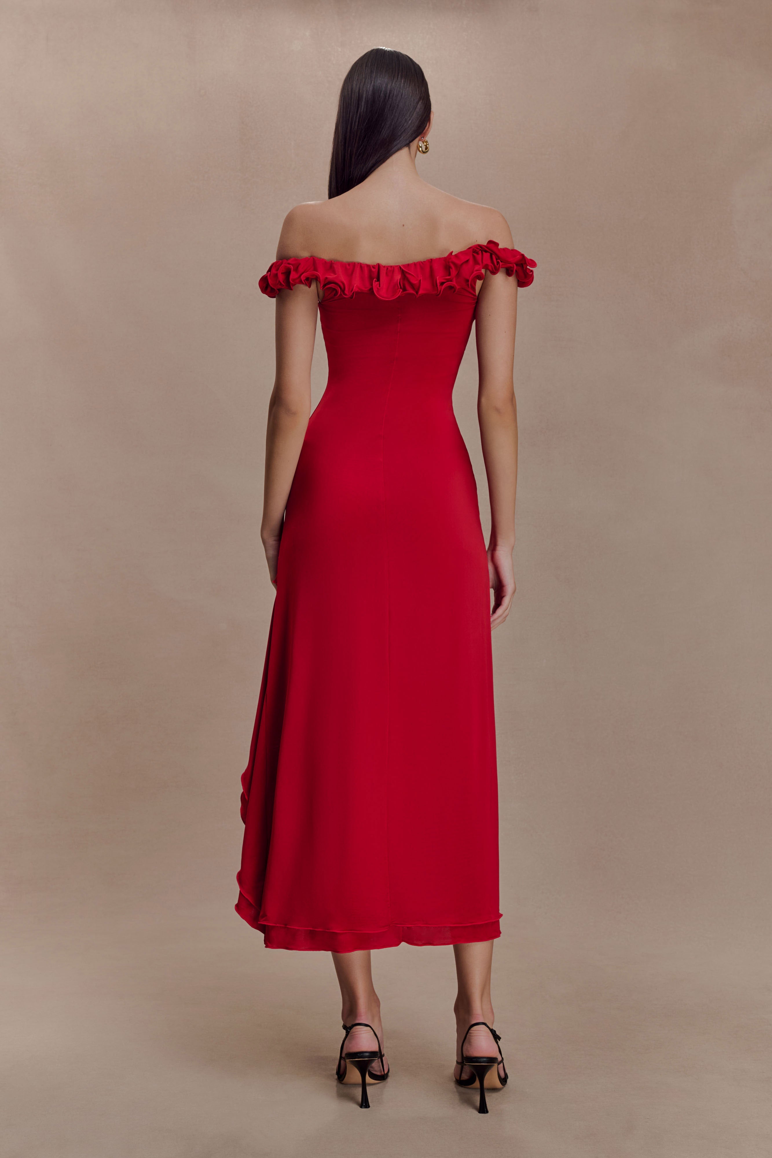 Allegra Off Shoulder Ruffle Midi Dress - Ruby - Image 4