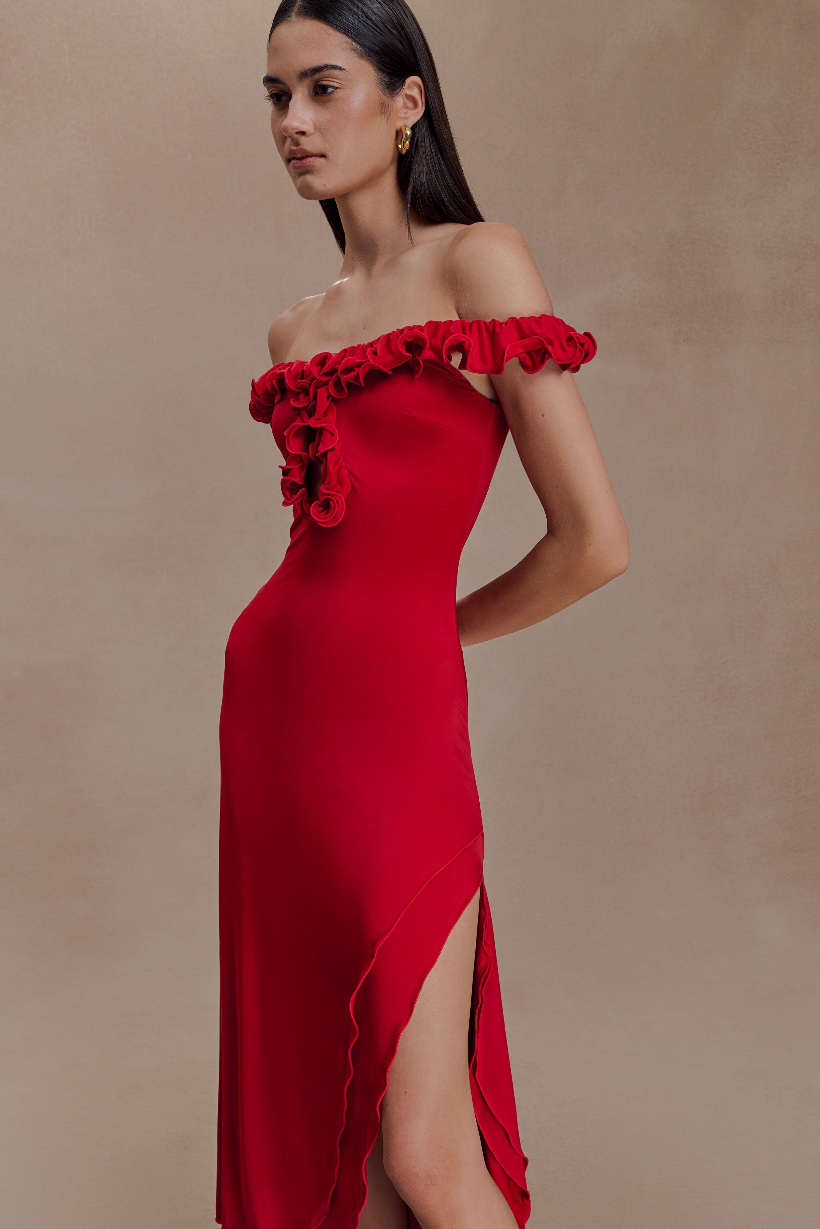 Allegra Off Shoulder Ruffle Midi Dress - Ruby - Image 3