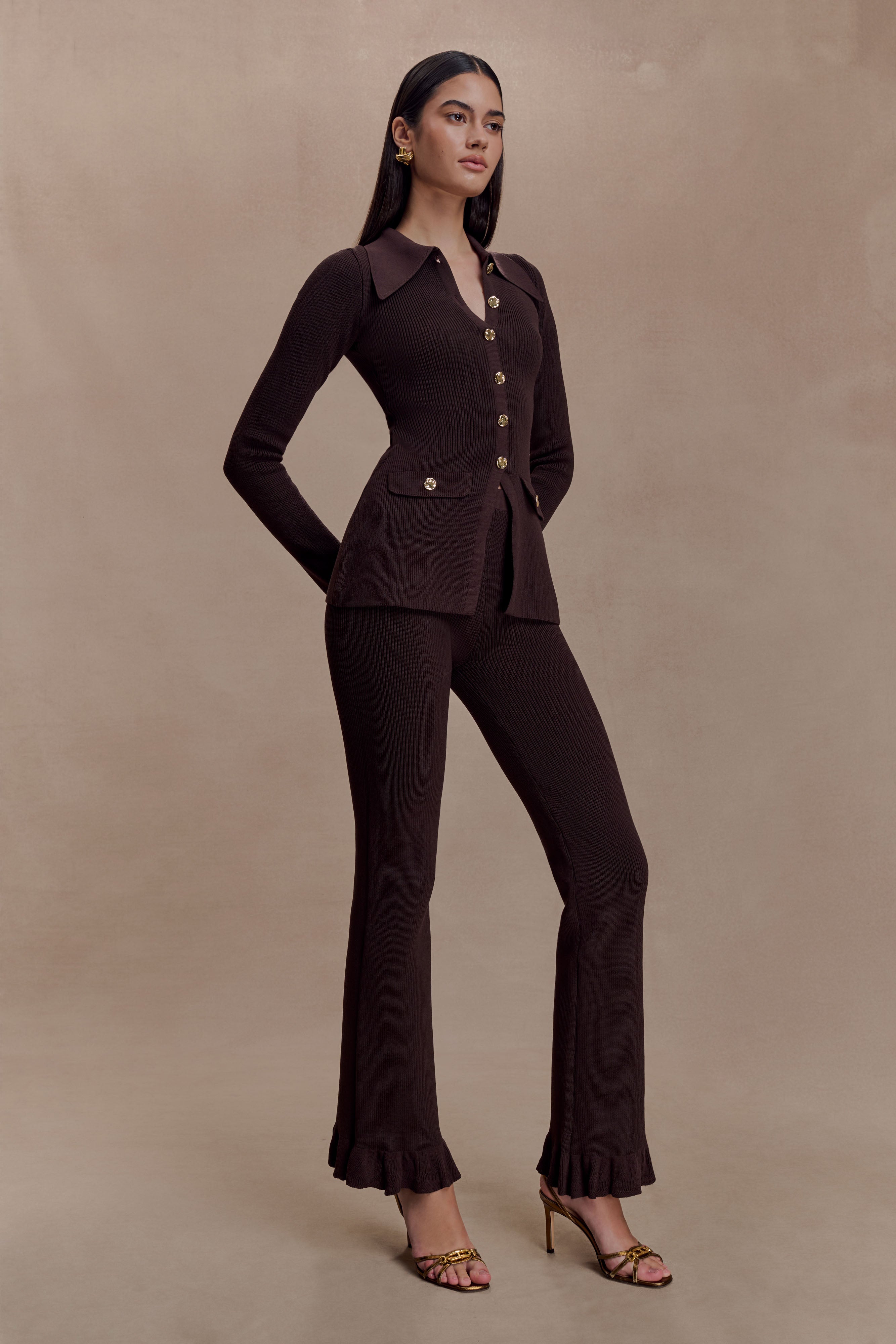 Suzie Ribbed Flared Pants - Chocolate - Image 3