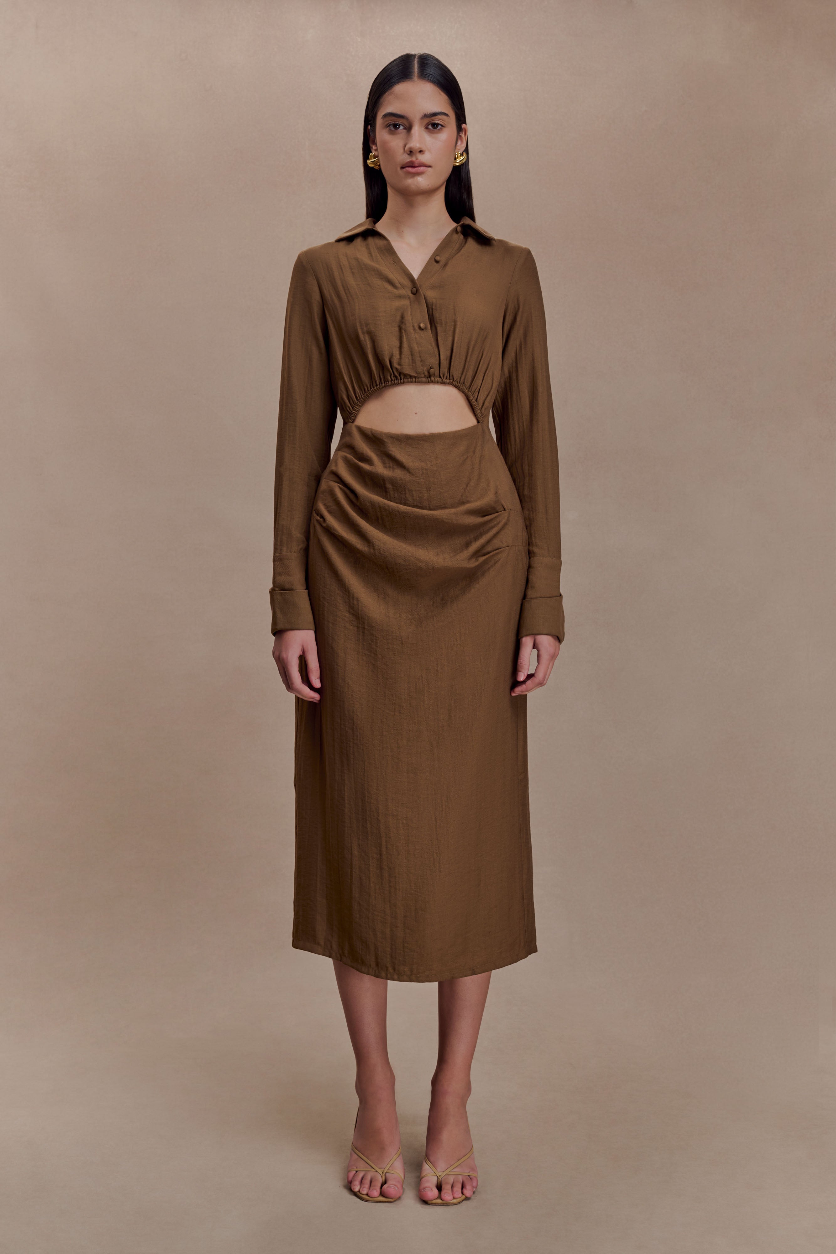 Cecilie Cut Out Shirt Midi Dress - Dark Chocolate - Image 4